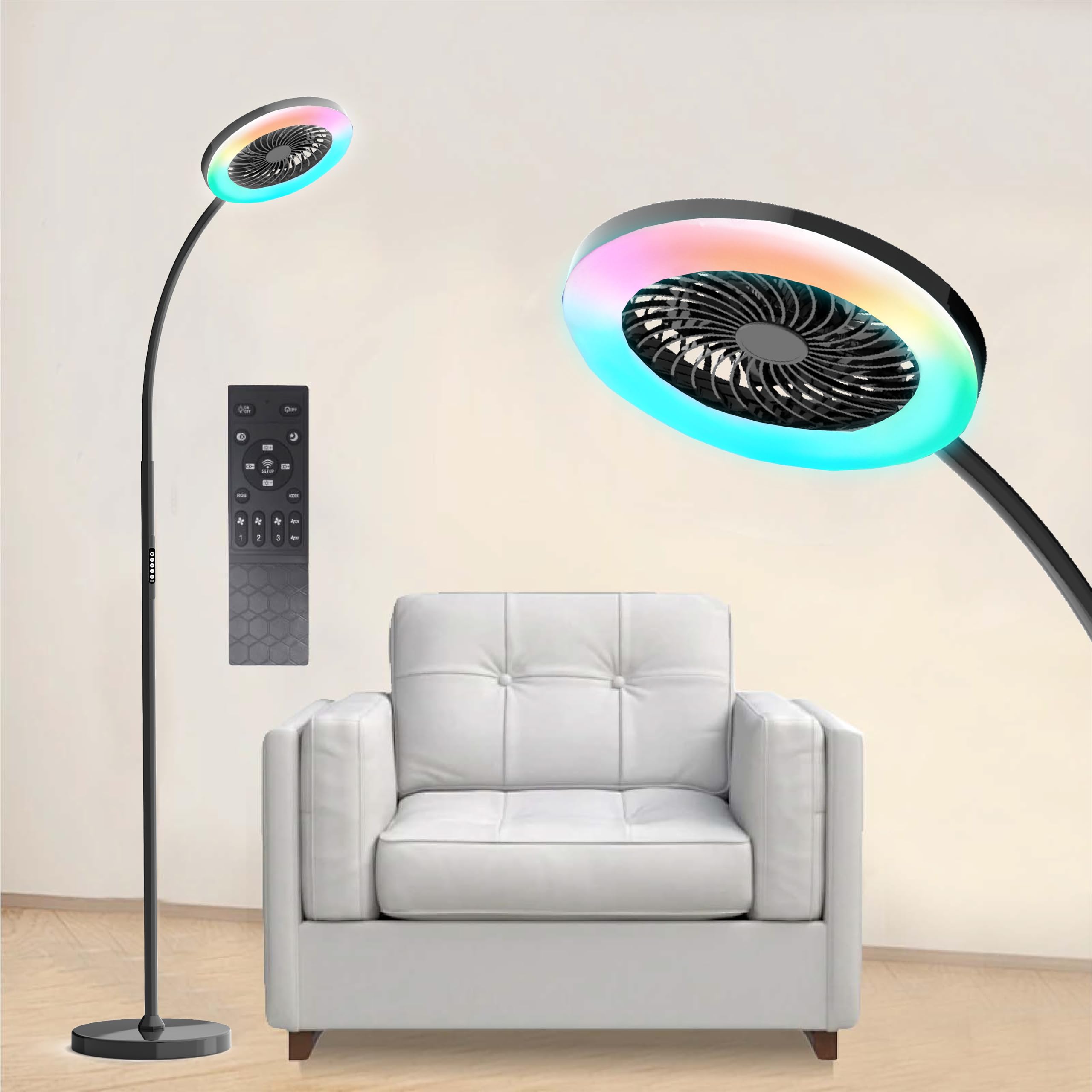 ONIDEK Pedestal Fan and Floor Lamp, RGB 18W/1500lm, 3-Speed, Adjustable 3000K-6000K, Remote Control, Black, Model LDFS