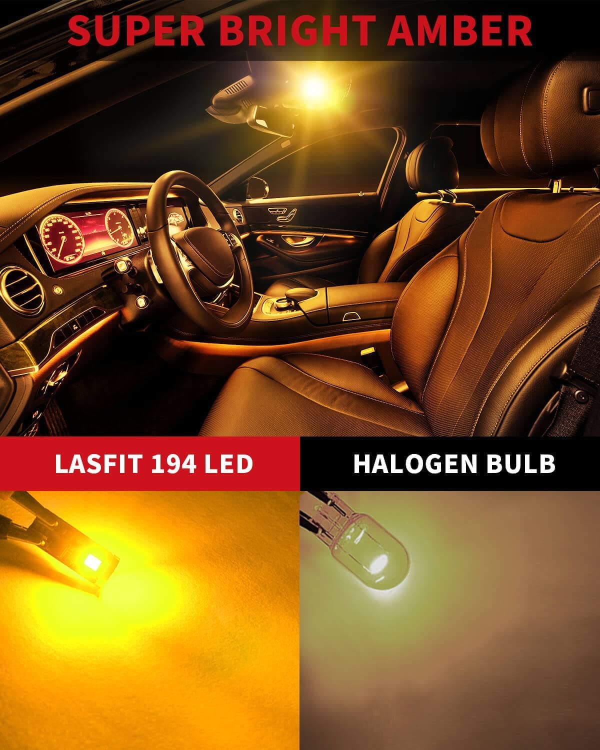 LASFIT LED Bulb T10 194 2825 W5W, Amber Yellow, Non-Polarity, 400LM, Pack of 2