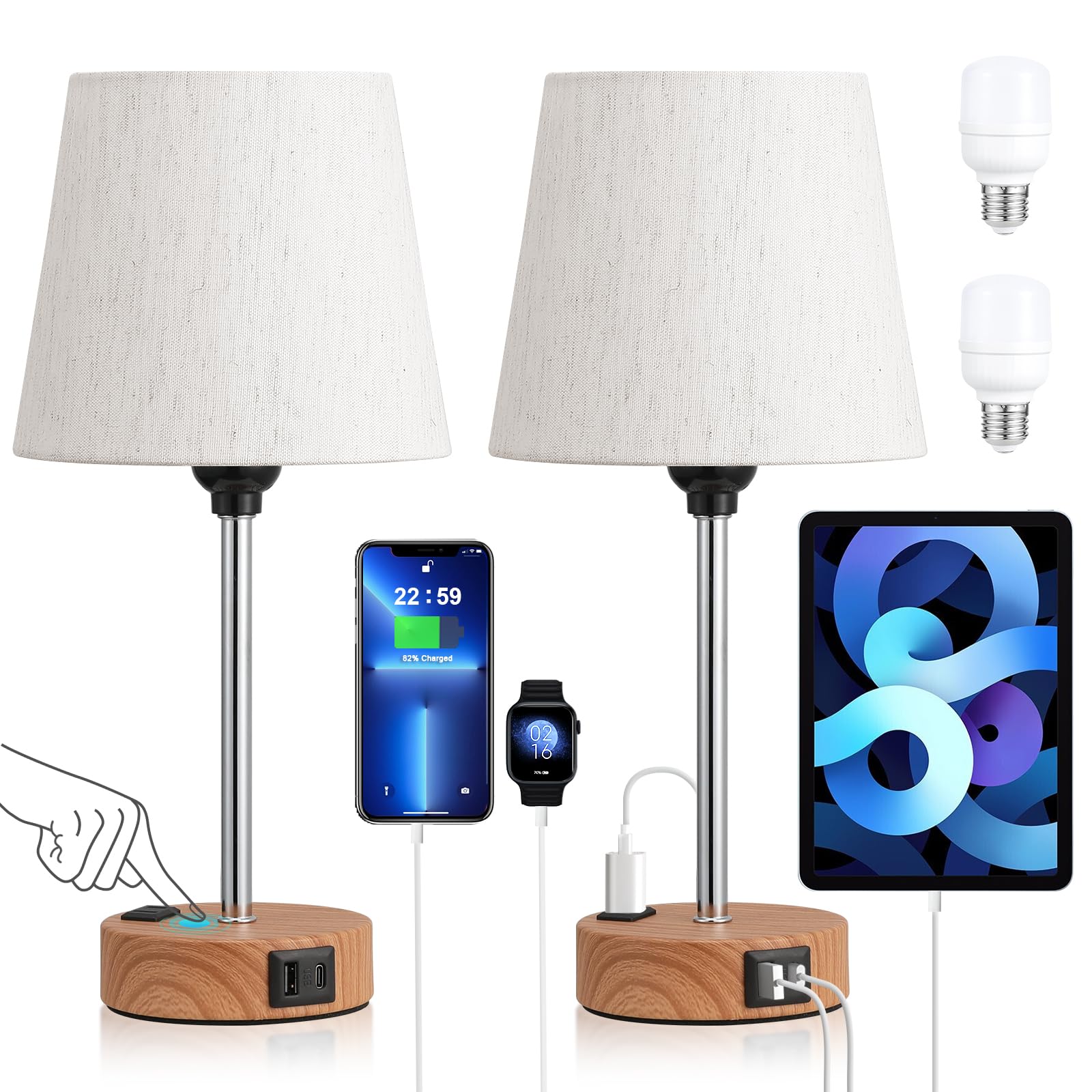 Acaxin Bedside Lamps For Bedrooms Set Of 2 - Nightstand Bedroom Lamp With Usb C Port And Ac Outlet Charging, 3 Way Dimmable Touc