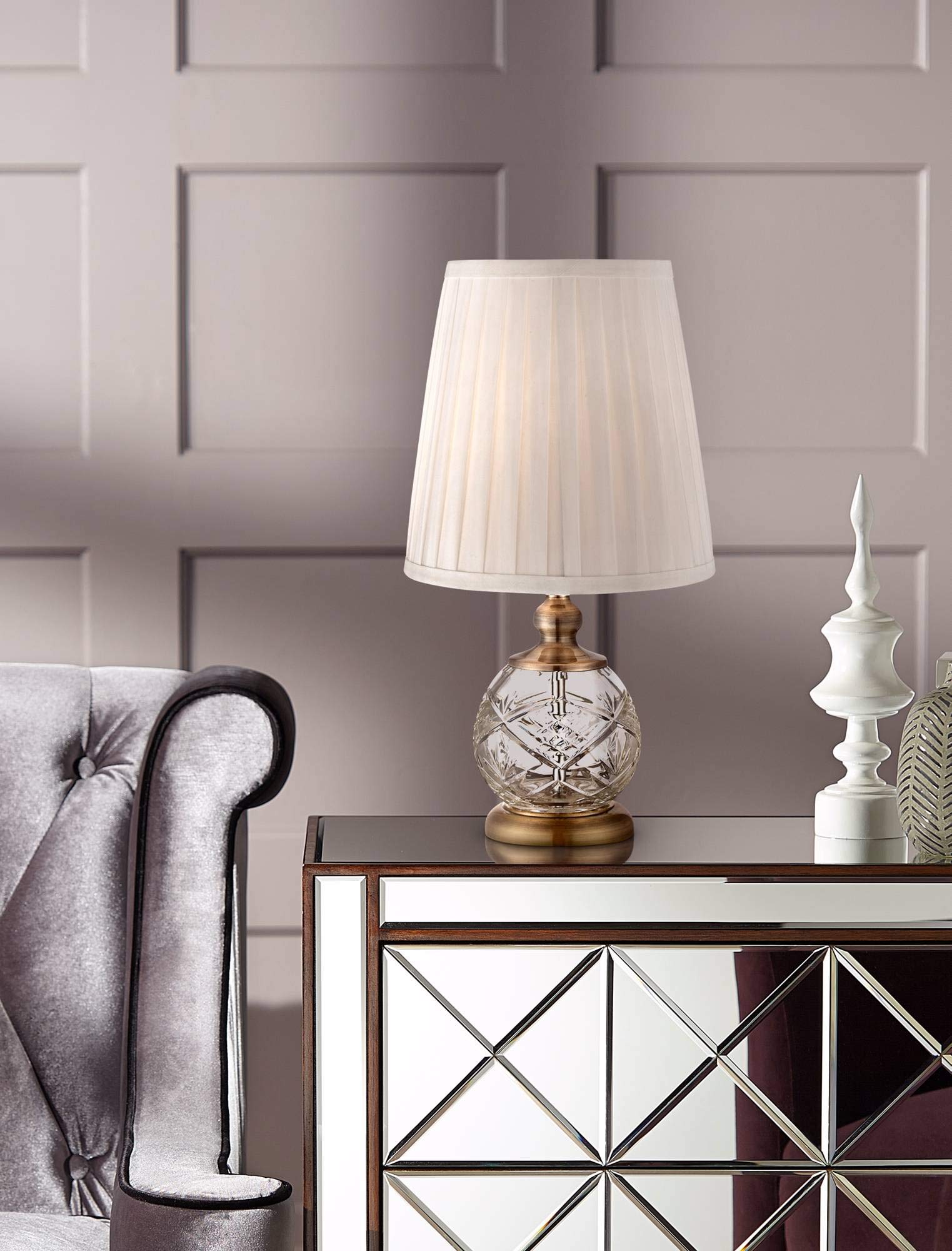 Regency Hill Ida Traditional Small Accent Table Lamp 15'' High Clear Crystal Glass Sphere Brass Gold Metal Pleated White Empire