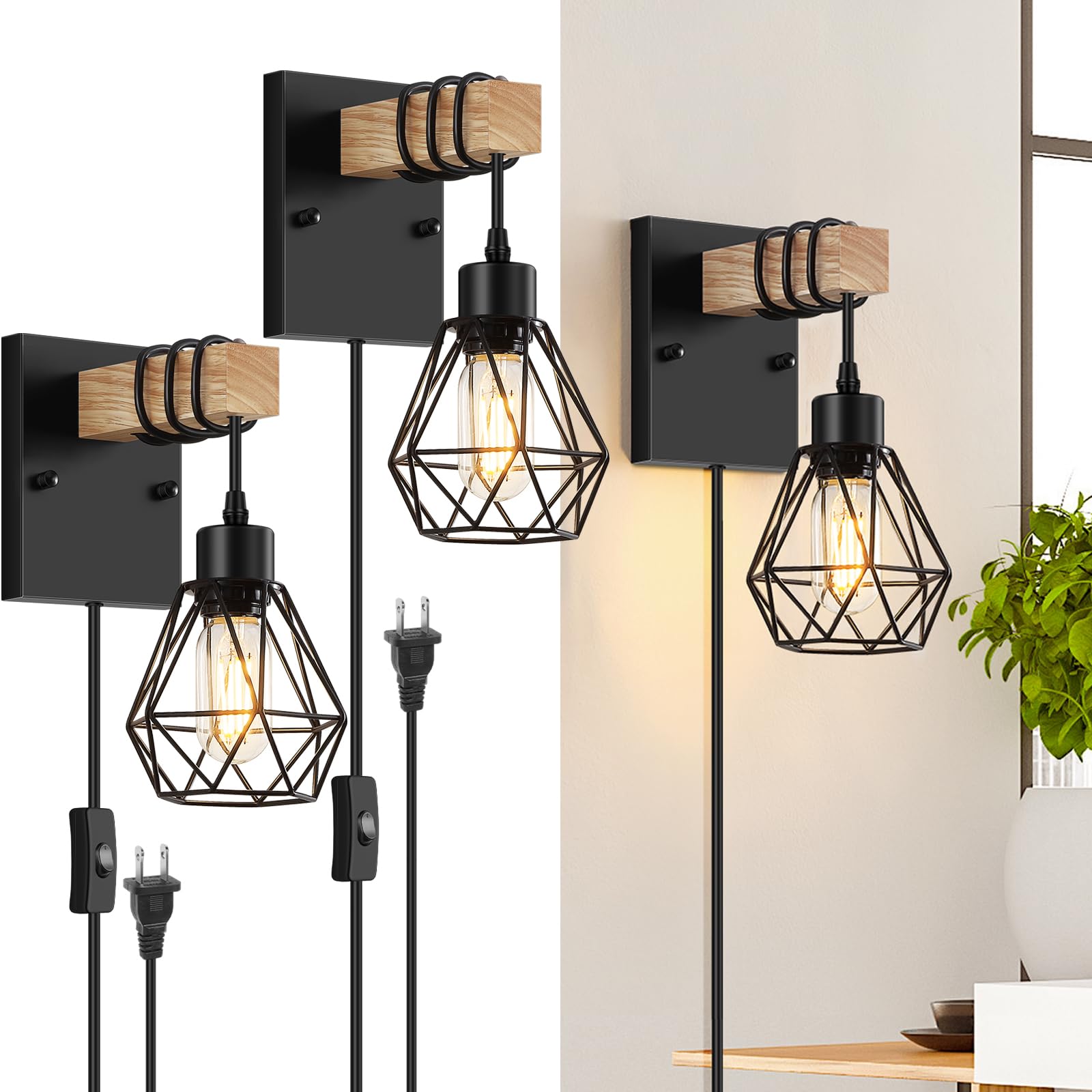 Lomoky Vintage Wood Wall Sconces Set of Two, Black Metal, 5.25FT Cord, Model WS-WOOD-2P