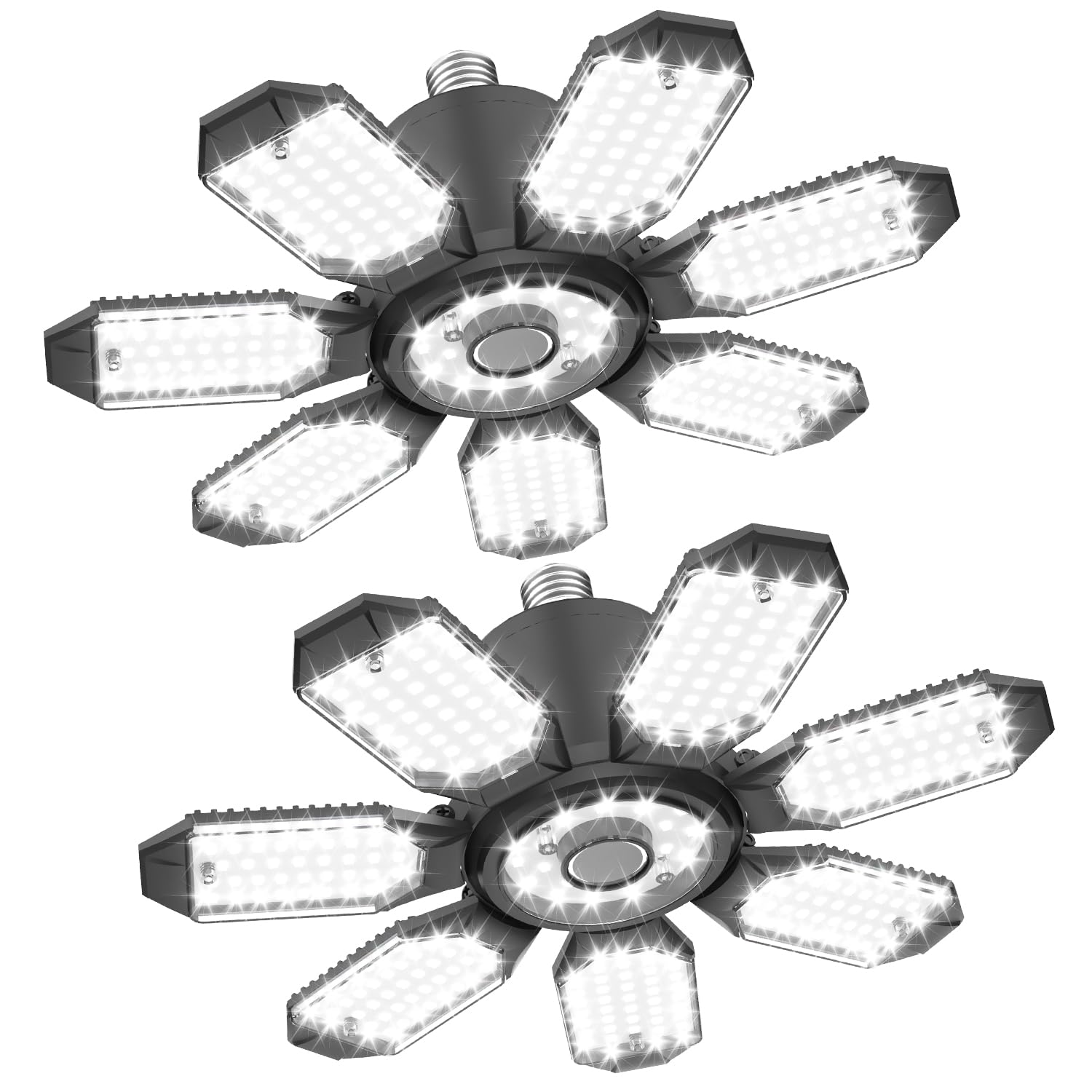 TANBABY 250W LED Garage Lights 2 Pack, 30000LM Deformable Ceiling Light, E26/E27, Black, Model T-180X