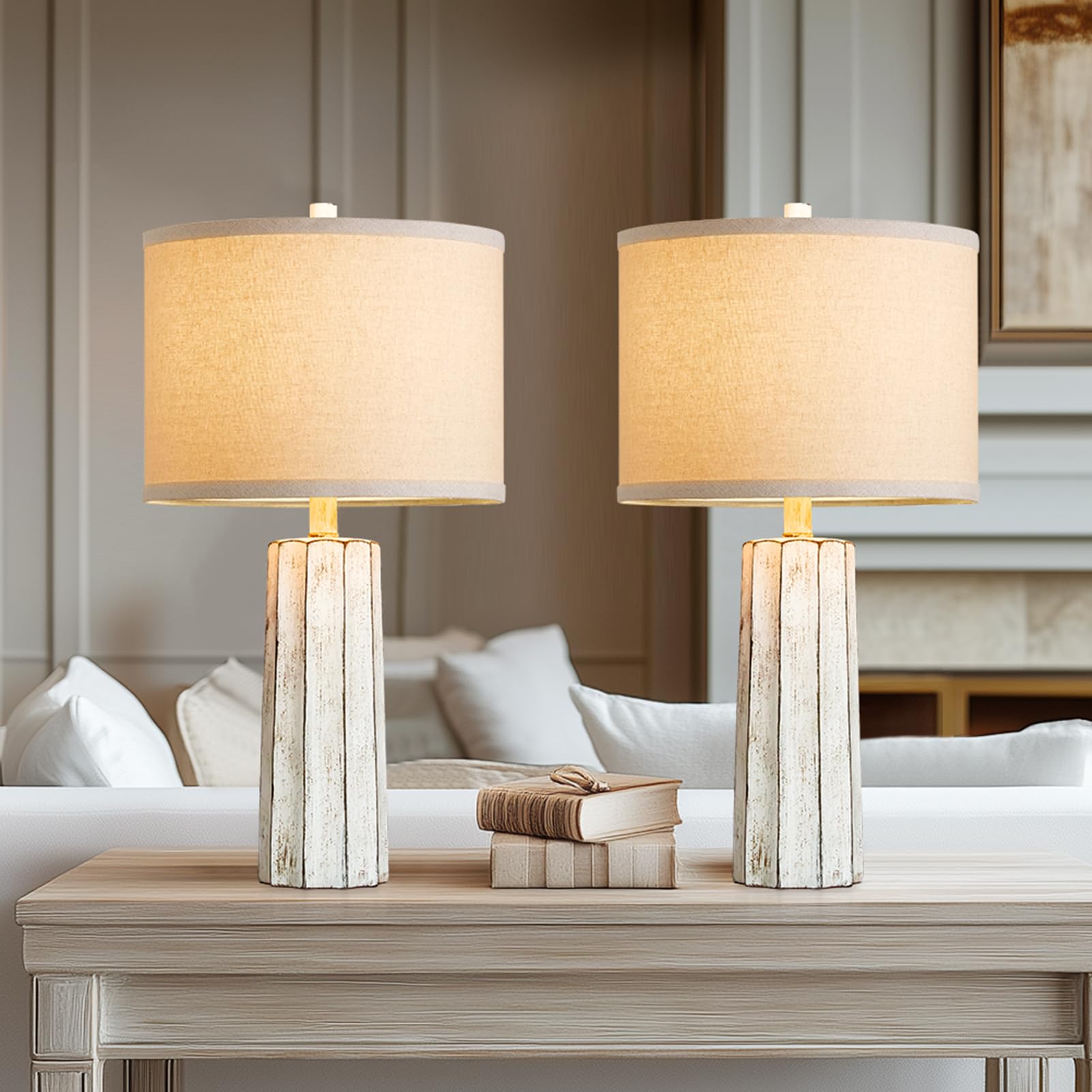 Roriano 24'' Rustic Table Lamps Set Of 2 For Bedroom Living Room, Wash White Farmhouse Vintage Desk Lamps Modern Resin Nightstan