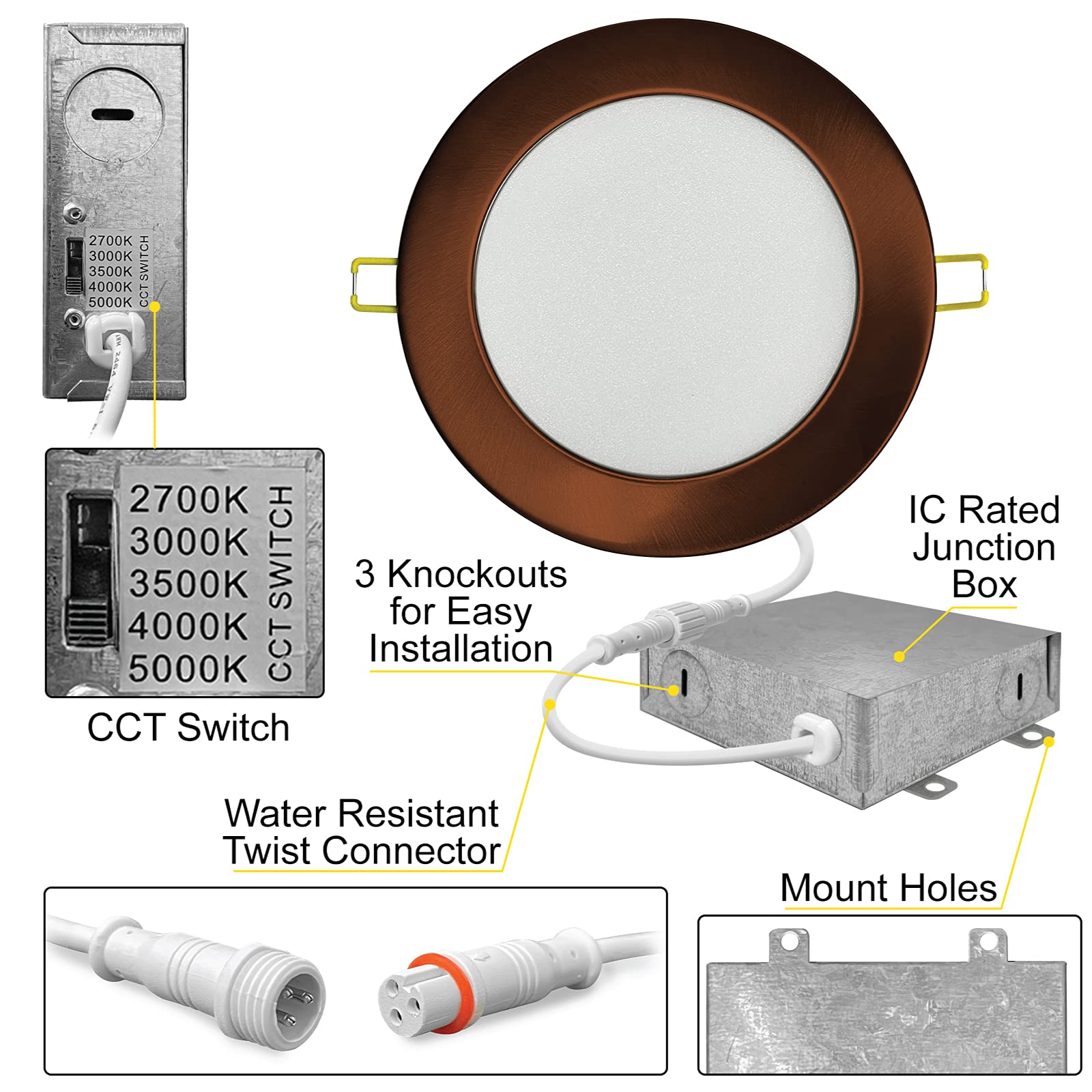 NUWATT 4 Inch Ultra-Thin Bronze LED Recessed Lighting, 5CCT Dimmable, 630 Lumens, IC Rated, Model NW-P-DL-4-9