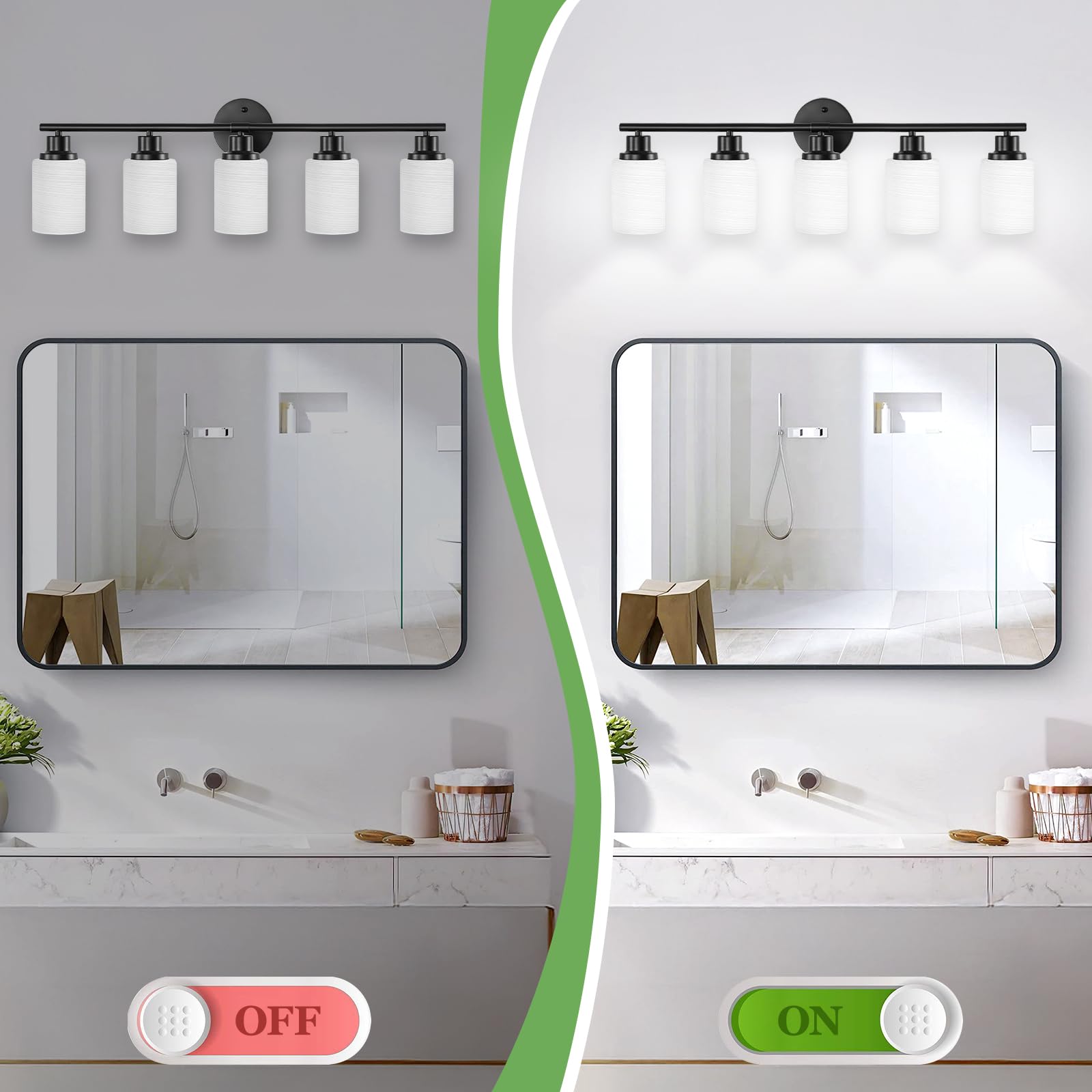 Guliaofo 5-Light Black Bathroom Vanity Light, Frosted Glass Shades, Metal, Model Gu-111-LWNBH-5