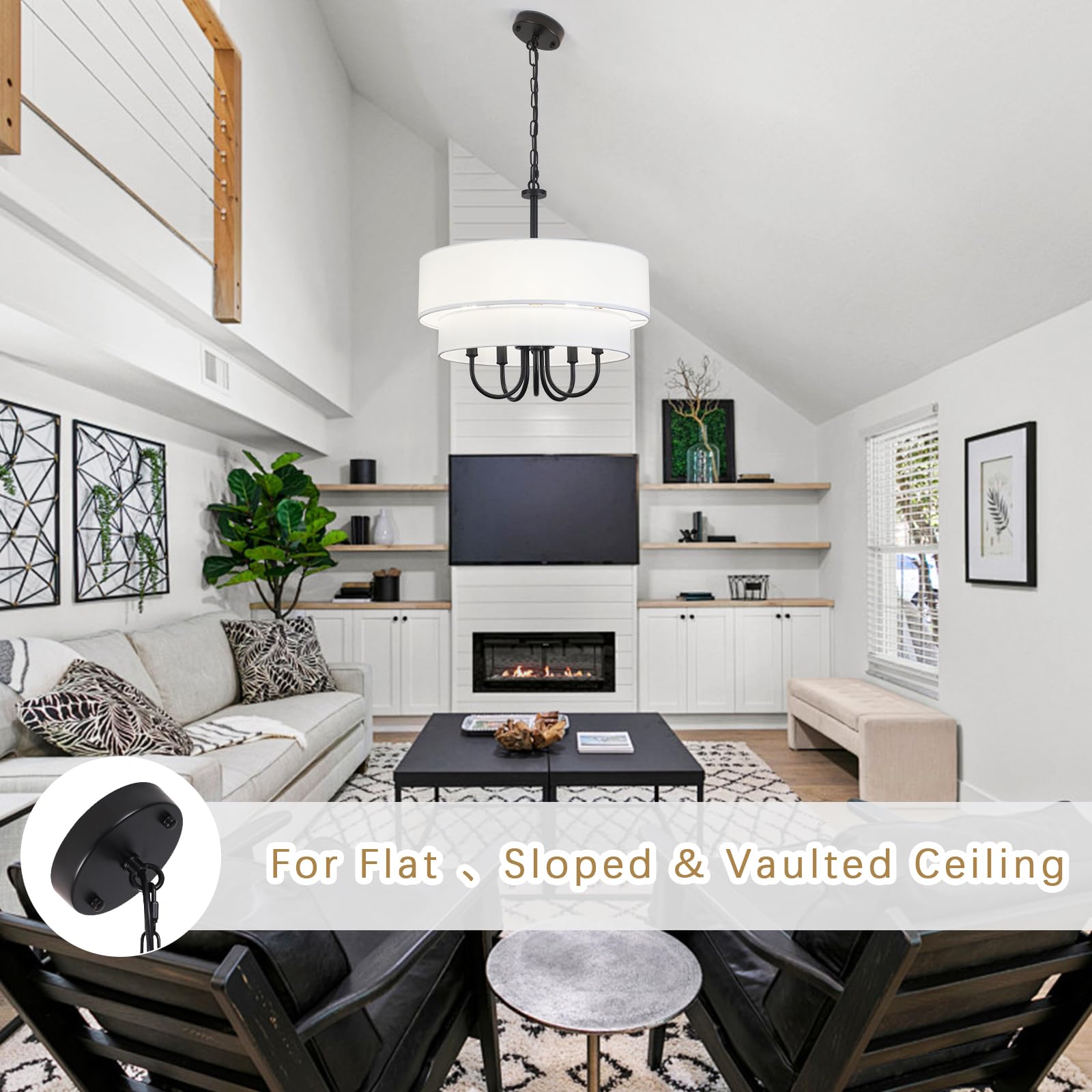 Drum Chandelier With Shades 5 Light 2-Layer Fabric 18    Modern Black Chandelier Farmhouse Chandeliers For Dining Room Round Lar