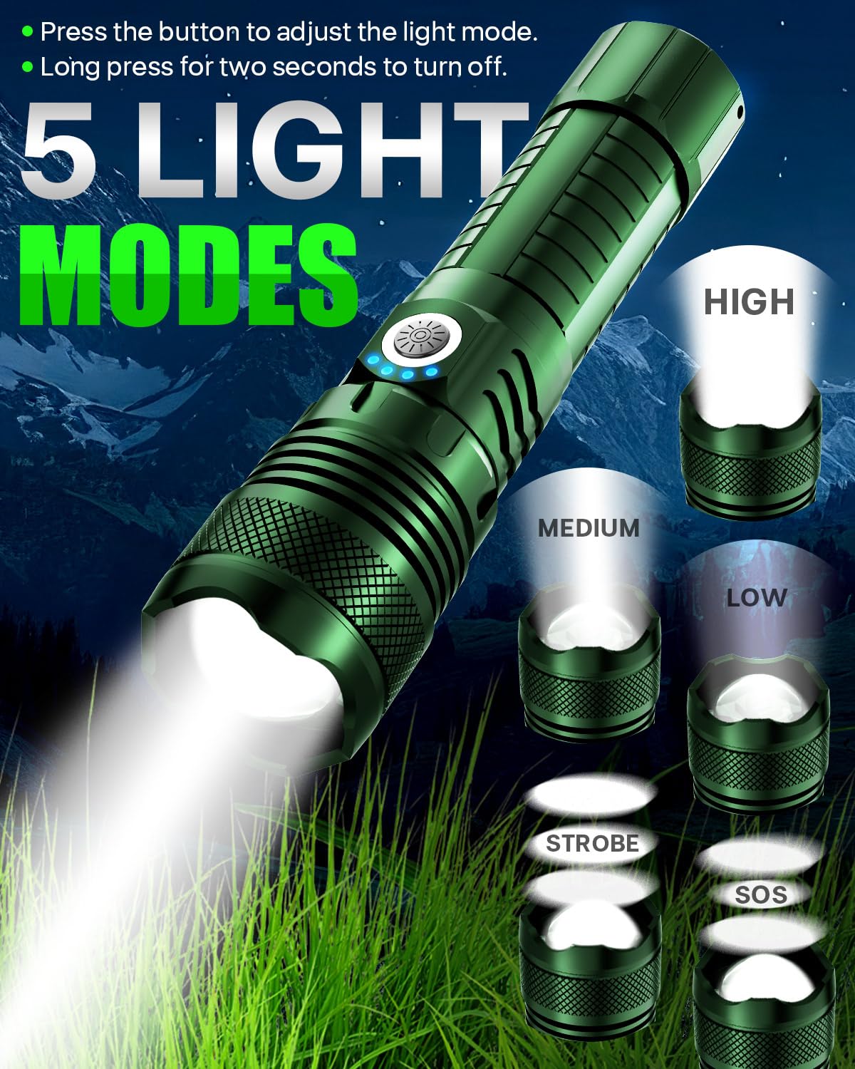 Victoper Green Led Flashlights, High Powered High Lumens Super Bright Tactical Flashlight, Rechargeable, 5 Modes Zoomable Waterp