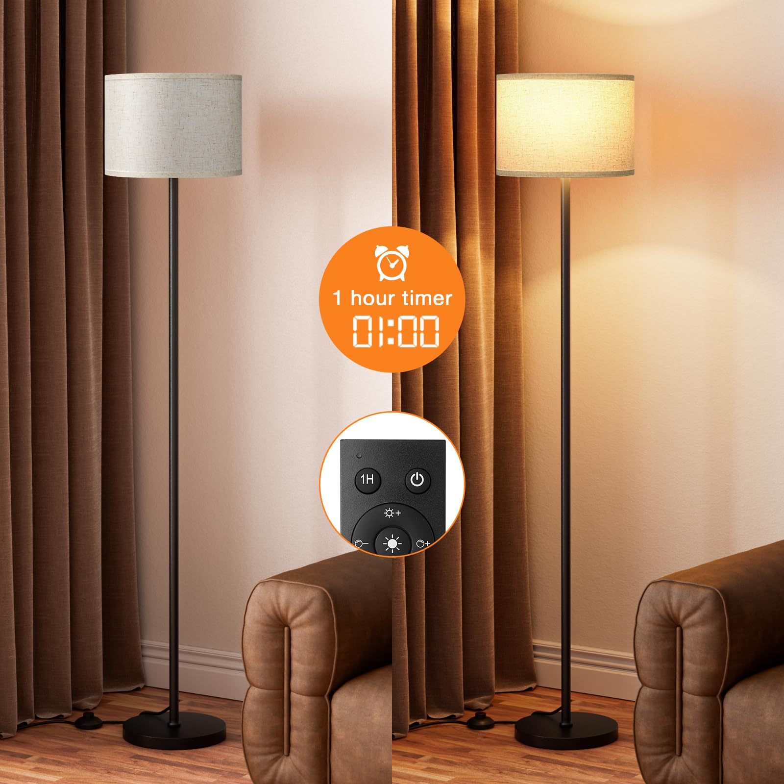 Ambimall 60'' Modern Floor Lamp with Remote, Beige Shade, Black Pole, Metal, Model RPT-ZGB120