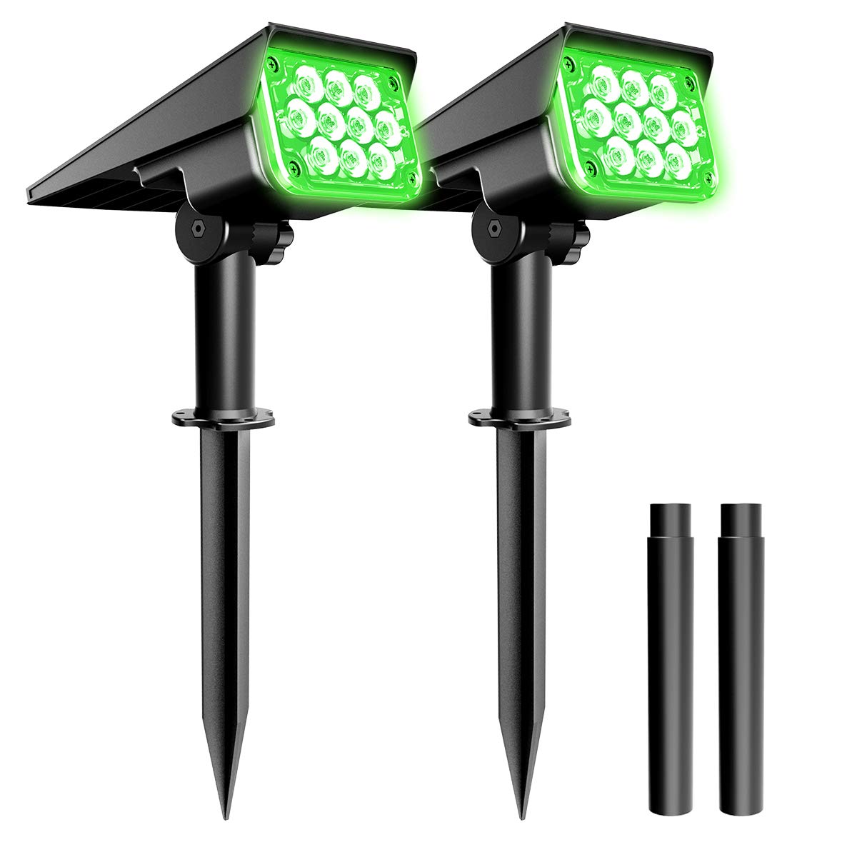 T-SUNUS Green Solar Spot Lights - Waterproof IP65, 2 Pack, Dusk to Dawn, for Landscape Uplighting, Christmas, Halloween, Yard Decor