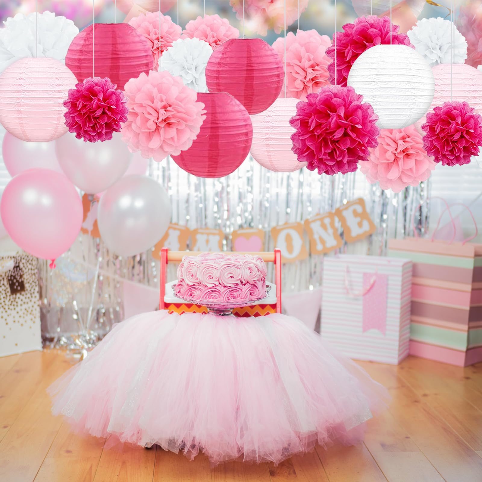 Celehappy Pink Paper Lanterns Party Decorations Tissue Paper Pom Poms For Weddings Birthdays Parties 18Pcs Hanging Paper Lantern