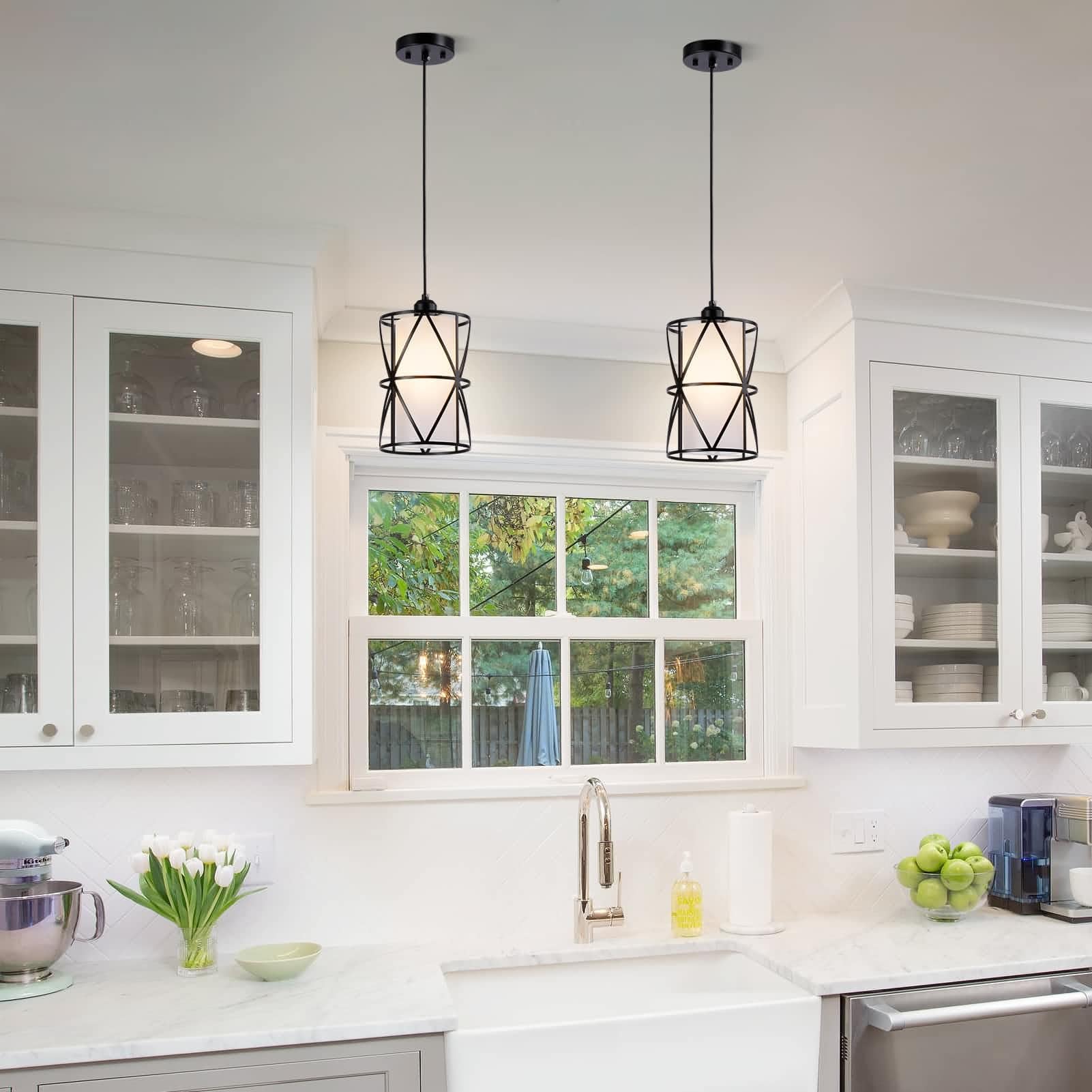 Zlierop Pendant Lights With Frosted Glass, Matte Black Pendant Lighting Kitchen Island, Cylindrical Pendant Light Fixtures, Modern Kitchen Island Lighting, Pendant Light For Foyer, Entryway-Large