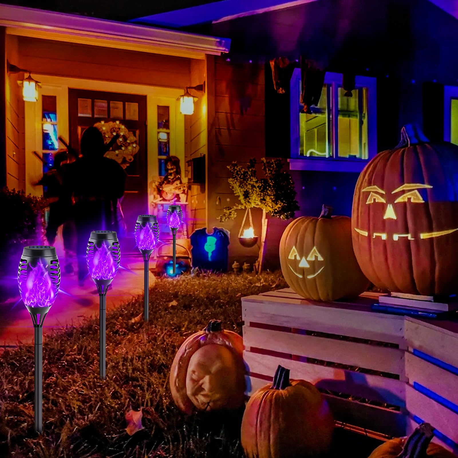 Albelt 12-Pack Solar Lights Outdoor Waterproof Purple Tiki Torches With Flickering Flame