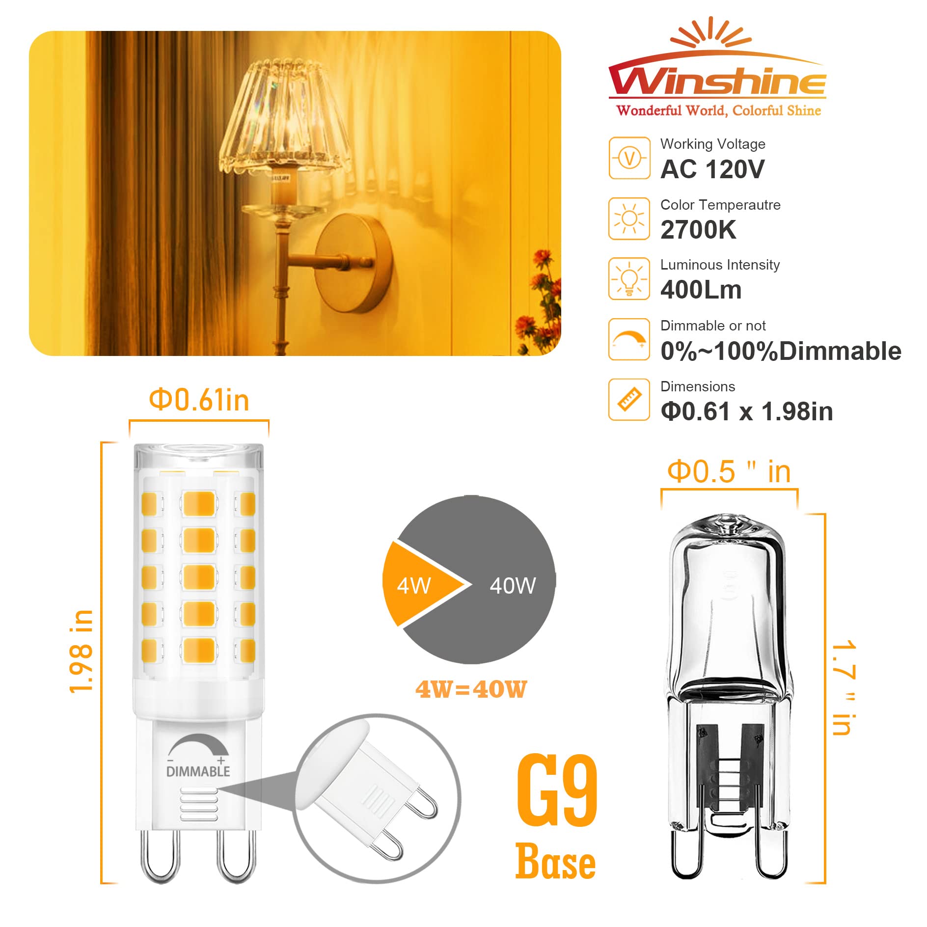 Winshine 10 Pack Dimmable G9 Led Light Bulb 2700K Soft White, 4W (40Watt Halogen Replacement) G9 Base Chandelier Light Bulb, T4 Shape G9 Bi Pin Base, Cri85 120V 360°