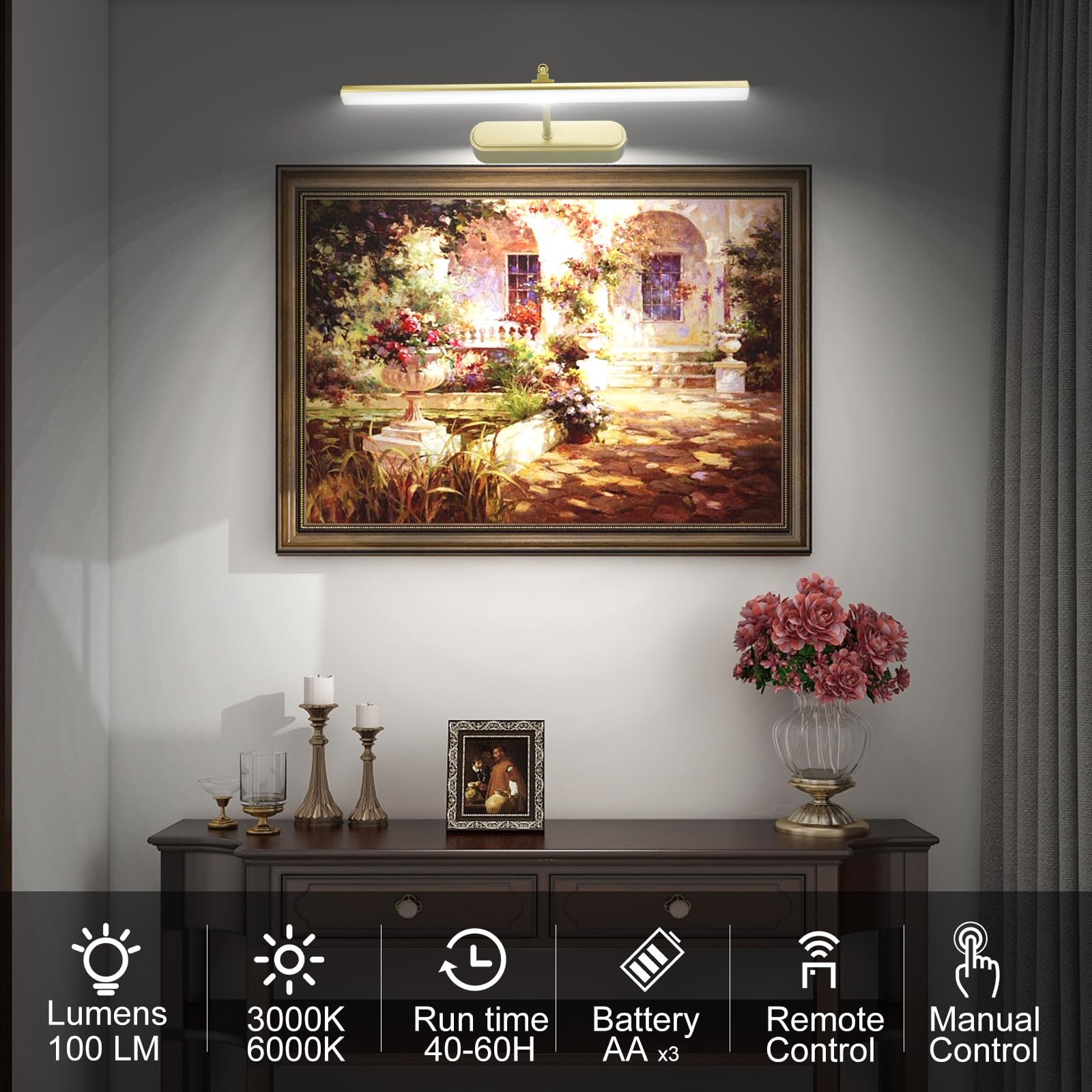 RAIFOOLLY Picture Light - Wireless 16" Accent Light, Gold Metal, Remote Control, Dimmable, Battery Operated, Model RF00300