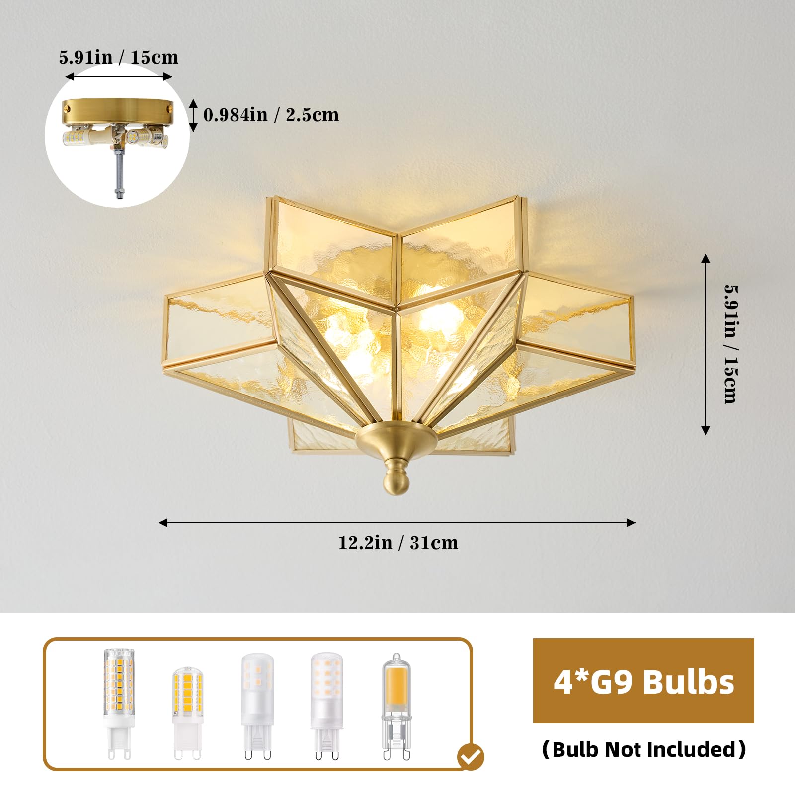 Star Glass Gold Ceiling Light - Small 12 Inch Brass Hammered Flush Mount Fixture - Unique Art Deco Vintage Modern Lighting Lights For Bedroom Dining Foyer Entryway Hall Hallway Outdoor Porch Fixtures