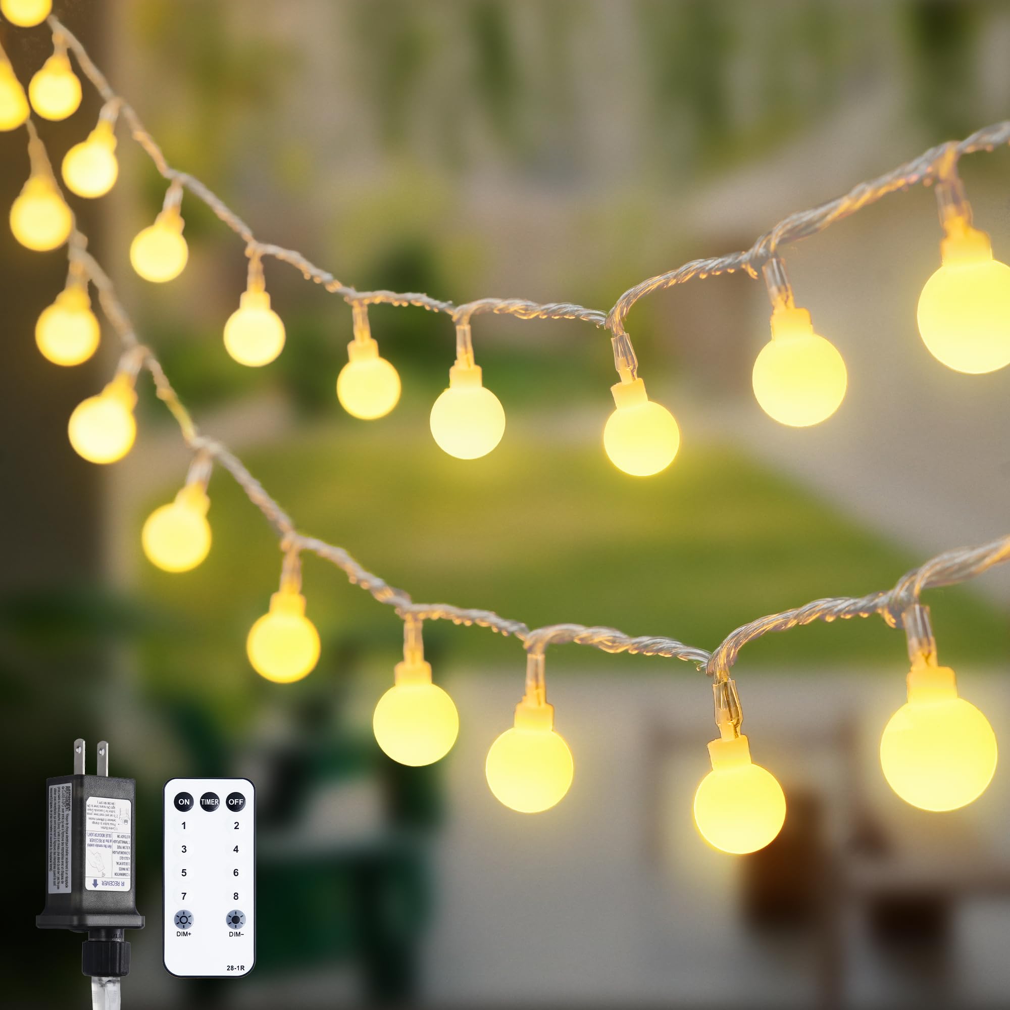 JMEXSUSS 147ft Globe String Lights, 300 LED, Waterproof, Warm White, Plug-in with Remote for Indoor/Outdoor Use