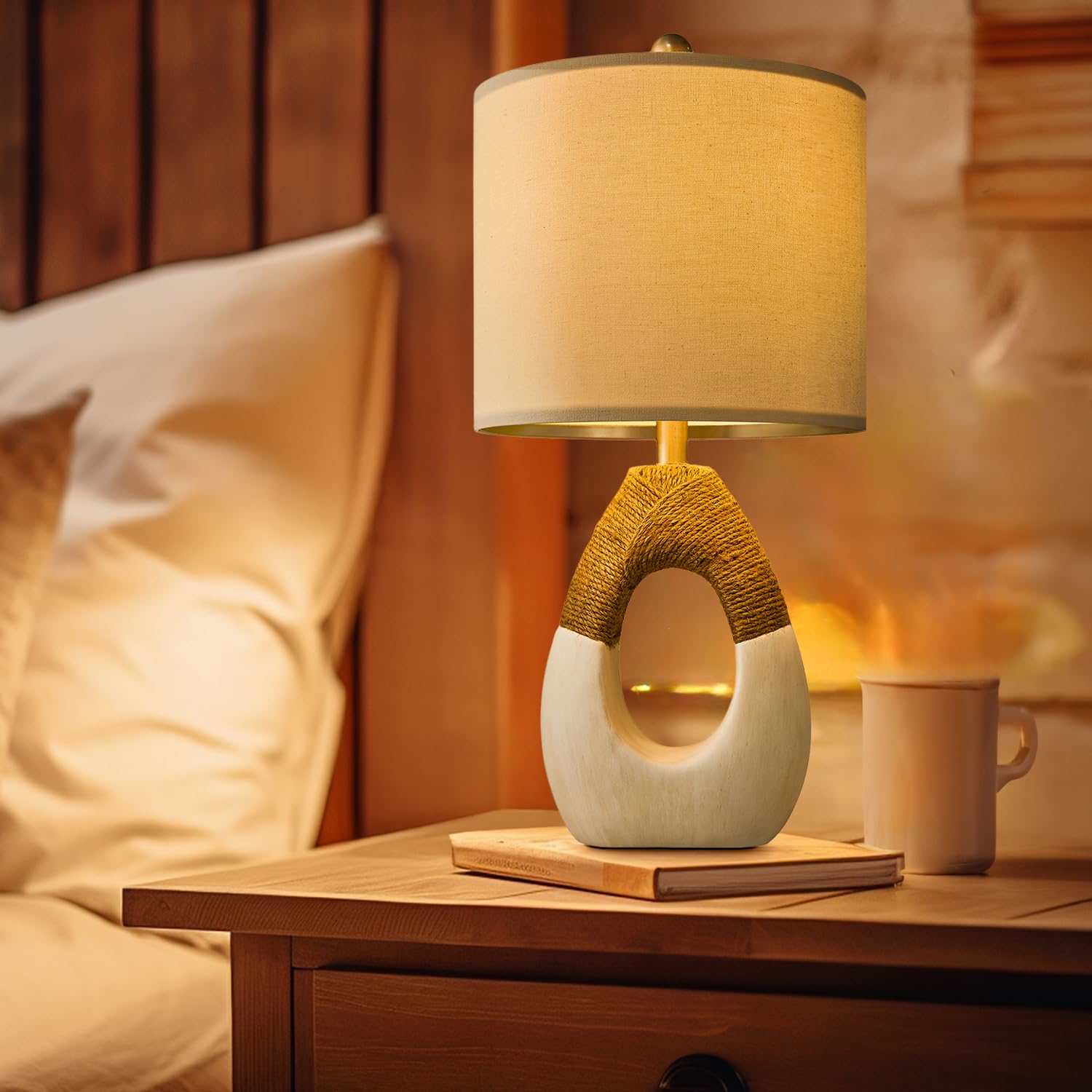 OYEARS 19” Boho Table Lamp, Rustic Rattan Design, Nightstand Lamp for Bedroom & Living Room, Egg Color, Model AMZ-T1085RS-1