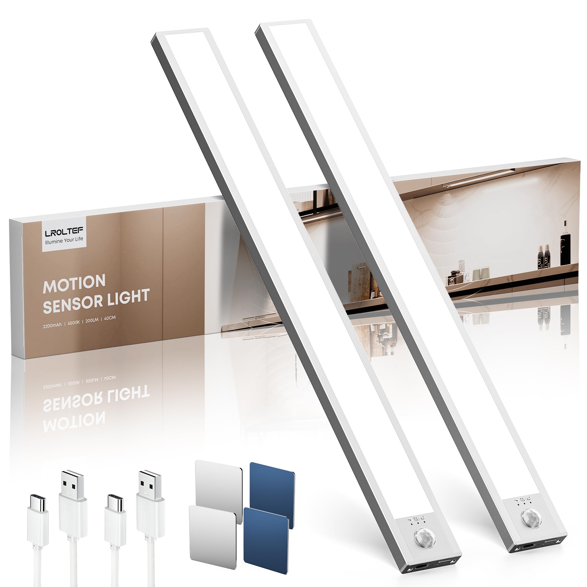 LROLTEF Under Cabinet Lighting Wireless, 2 Pack 15.7 inch 2200mAh 6500K Dimmable Motion Sensor Light Indoor, Rechargeable LED Un