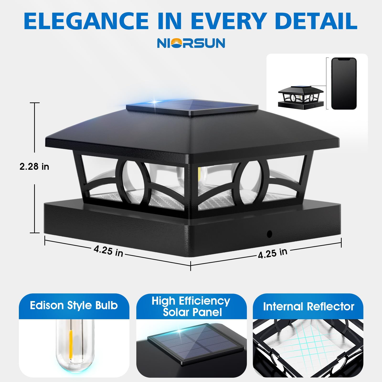NIORSUN Solar Post Lights, Waterproof Edison LED Bulbs, 4x4 Post Cap, 8 Pack, Black, for Outdoor Garden and Patio Decor