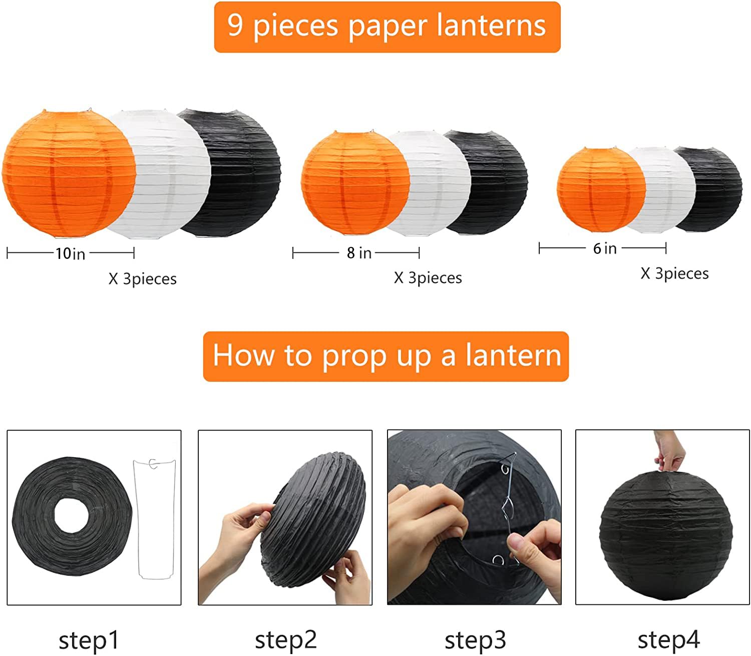 ADLKGG Paper Lanterns Decorative 9pcs Round Hanging Lanterns Metal Black/Orange/White for Halloween Thanksgiving Party