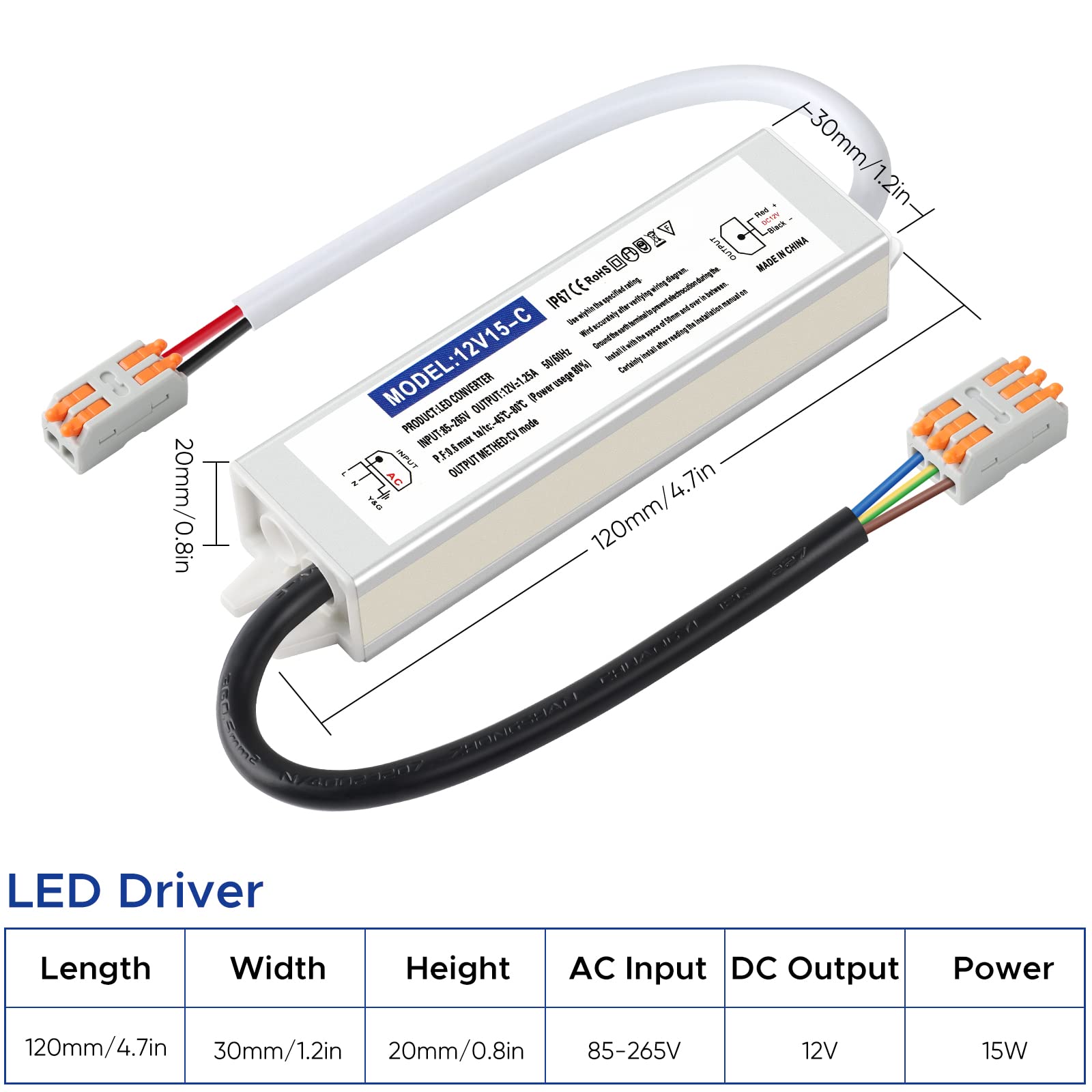 Karyoosi 12V 15W Waterproof LED Driver Power Supply, IP67, 110V AC to 12V DC, Silver for Indoor/Outdoor Lighting Applications