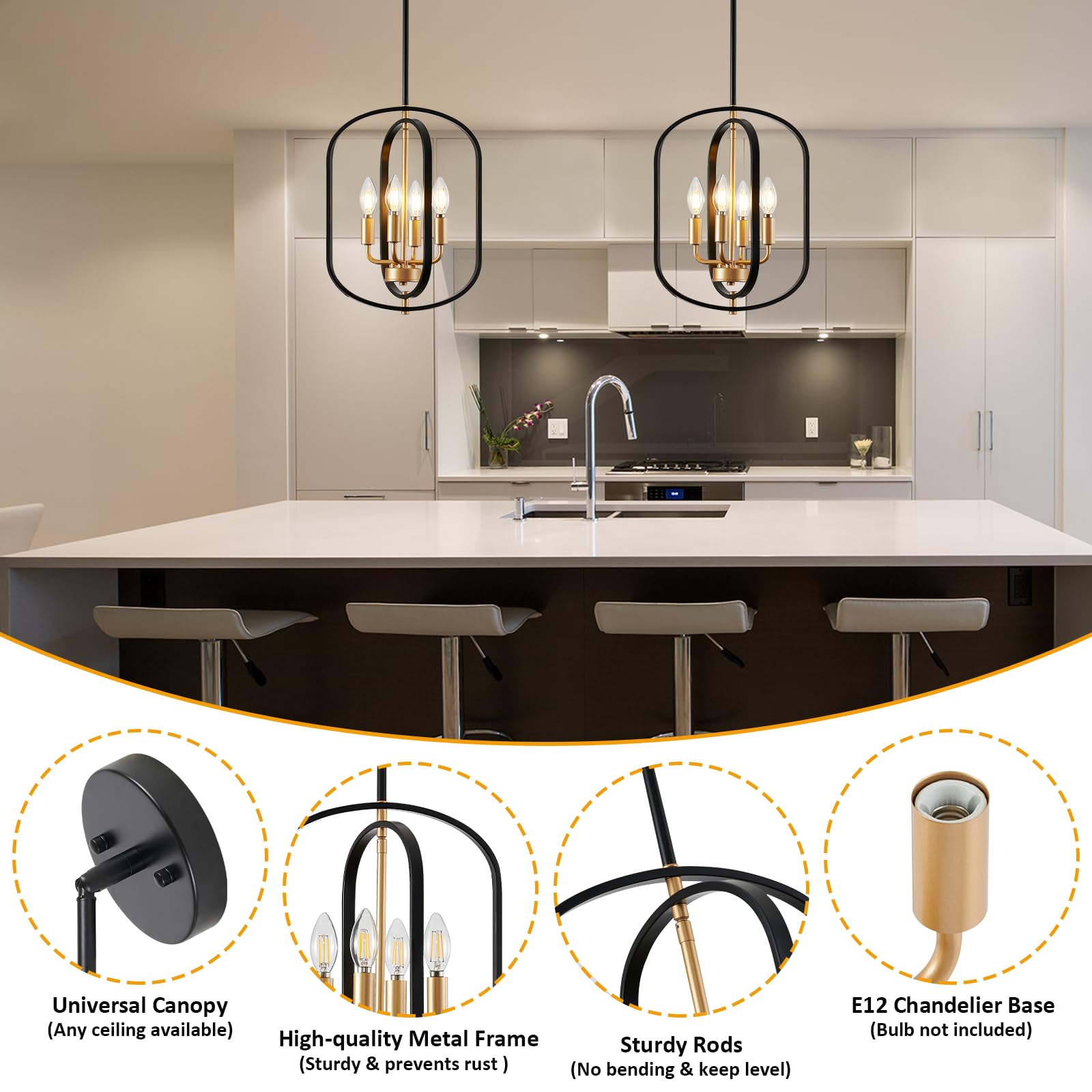AKLMXCG Black and Gold Chandelier, 4 Light Modern Farmhouse Pendant, Metal Foyer Lighting Fixture, Model 7086