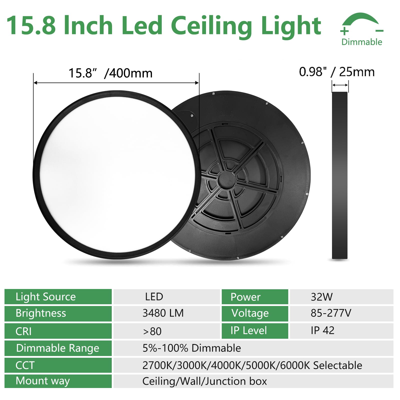 15.8 Inch Dimmable Led Flush Mount Ceiling Light, 32W, 3480Lm, 3000K/3700K/4000K/5000K/6000K, Round Flat Panel Low Profile Ceili