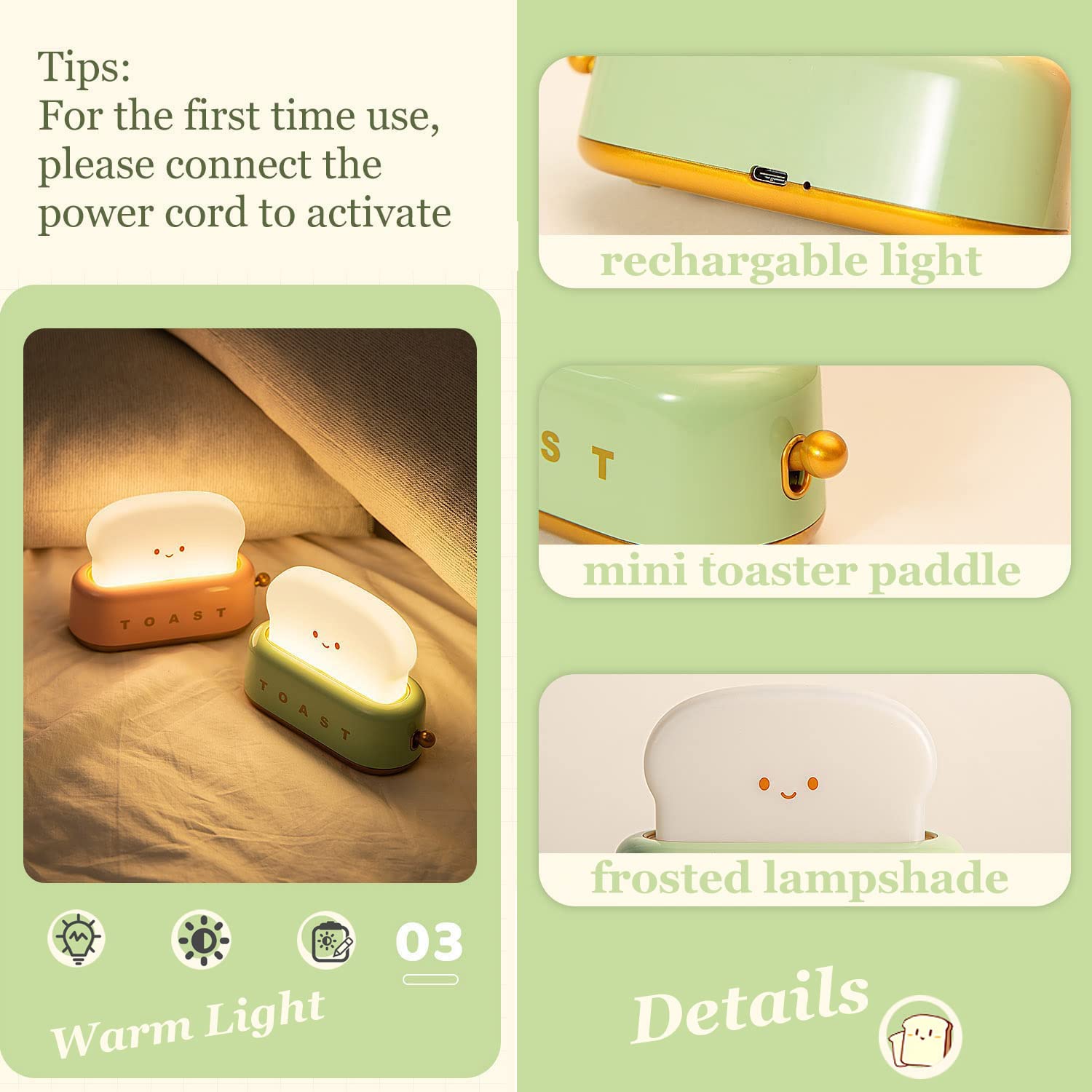 Cute Toast Lamp,Smile Face Night Light, Led Dimmable Bread Light,Rechargeable Desk Decor Lamp With Timer,Sleep Lamp For Bedroom Bedside Decorations,Aesthetic Gifts For Teen Girls (Green)