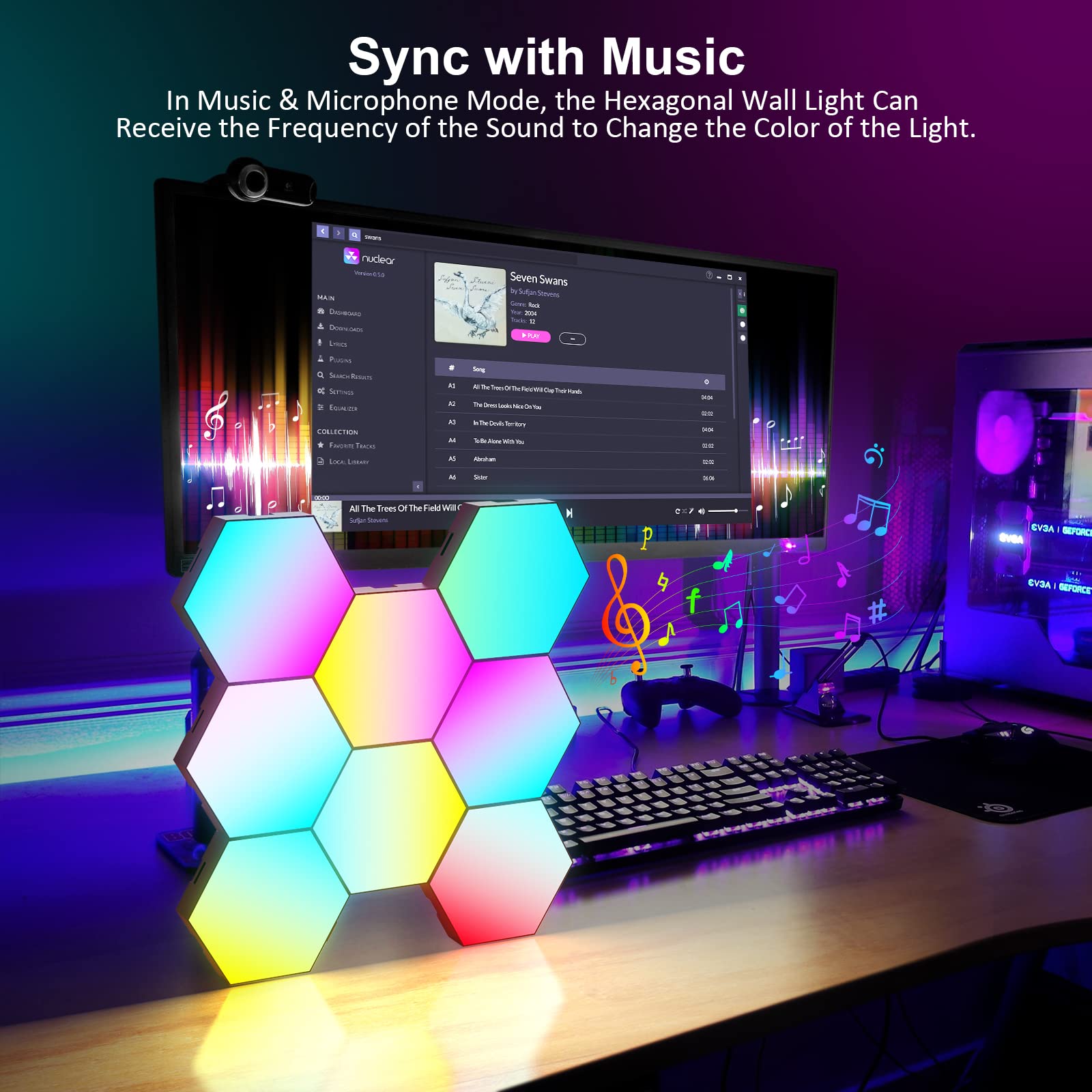 OJQ Hexagon Wall Light LED Panel - Smart RGB Modular Gaming Light, Music Sync, Multicolor, Honeycomb Shape