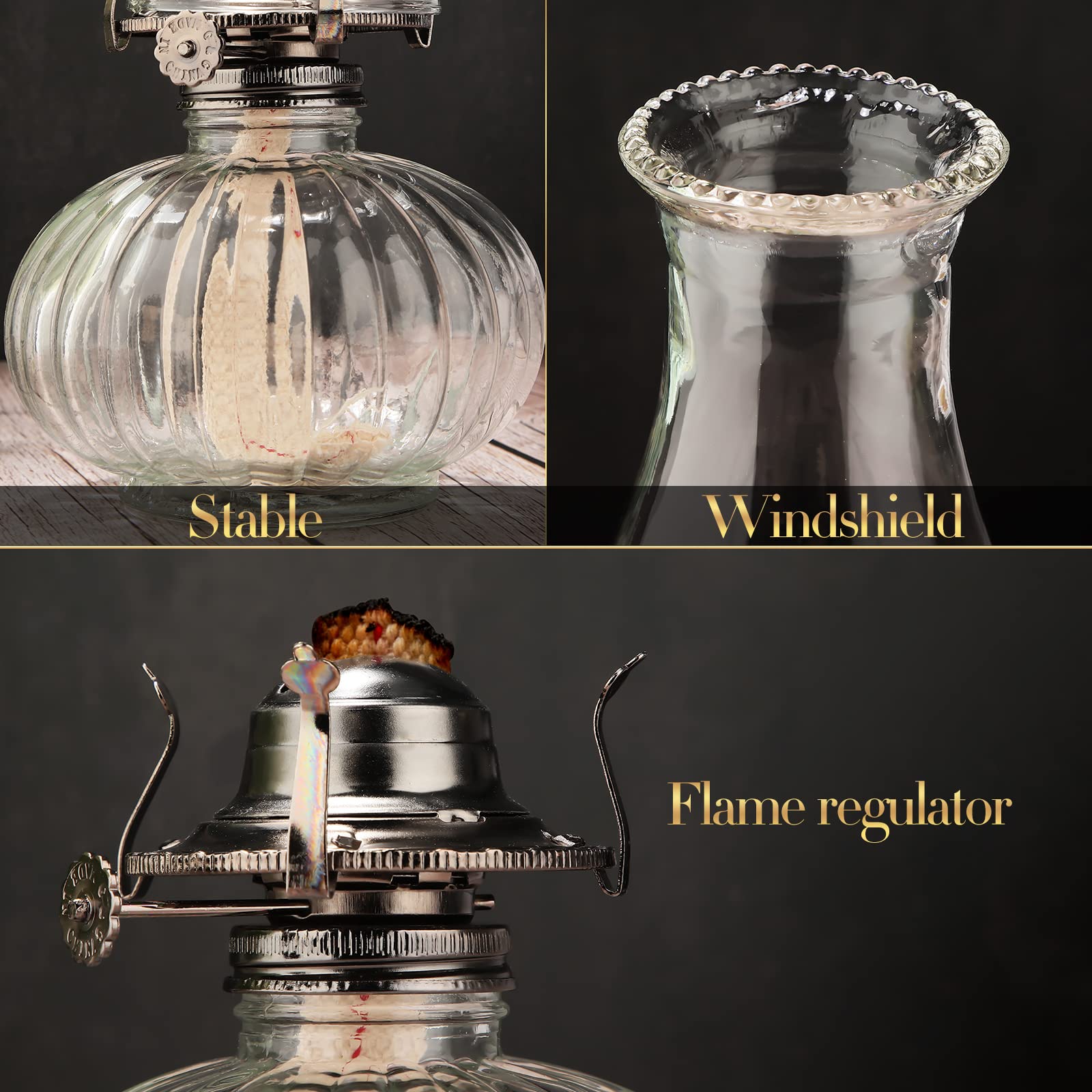 2 Set Chamber Oil Lamp Classic Kerosene Lamp Large Oil Glass Lantern Vintage Hurricane Lamp With Adjustable Fire Wick For Home Indoor Use Chimney Burner, 13 Inch Heigh(Clear)
