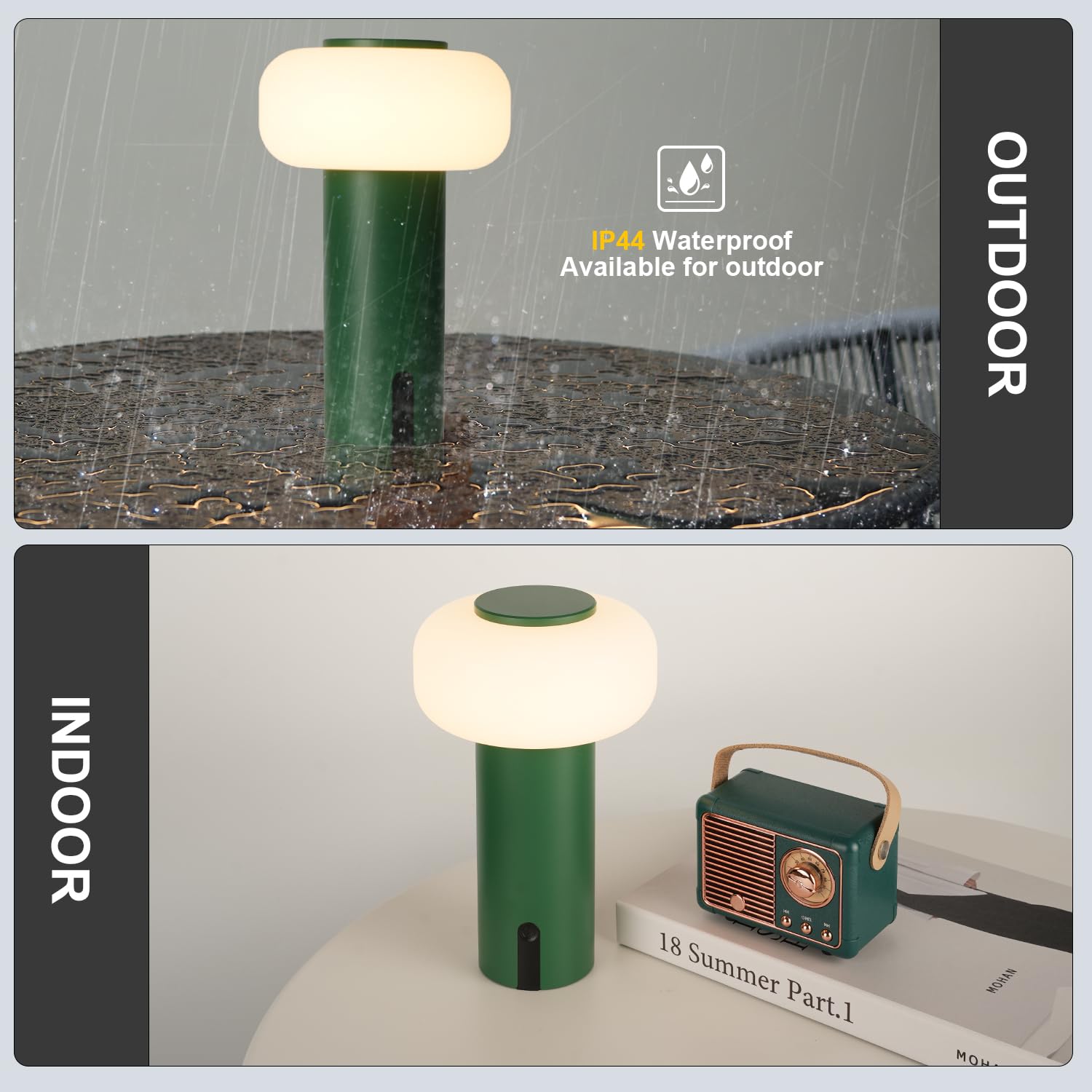 WEILAILUX Waterproof Rechargeable Shower Lamp, Touch Dimmable, Portable Battery Operated, Green, Model WL-3690
