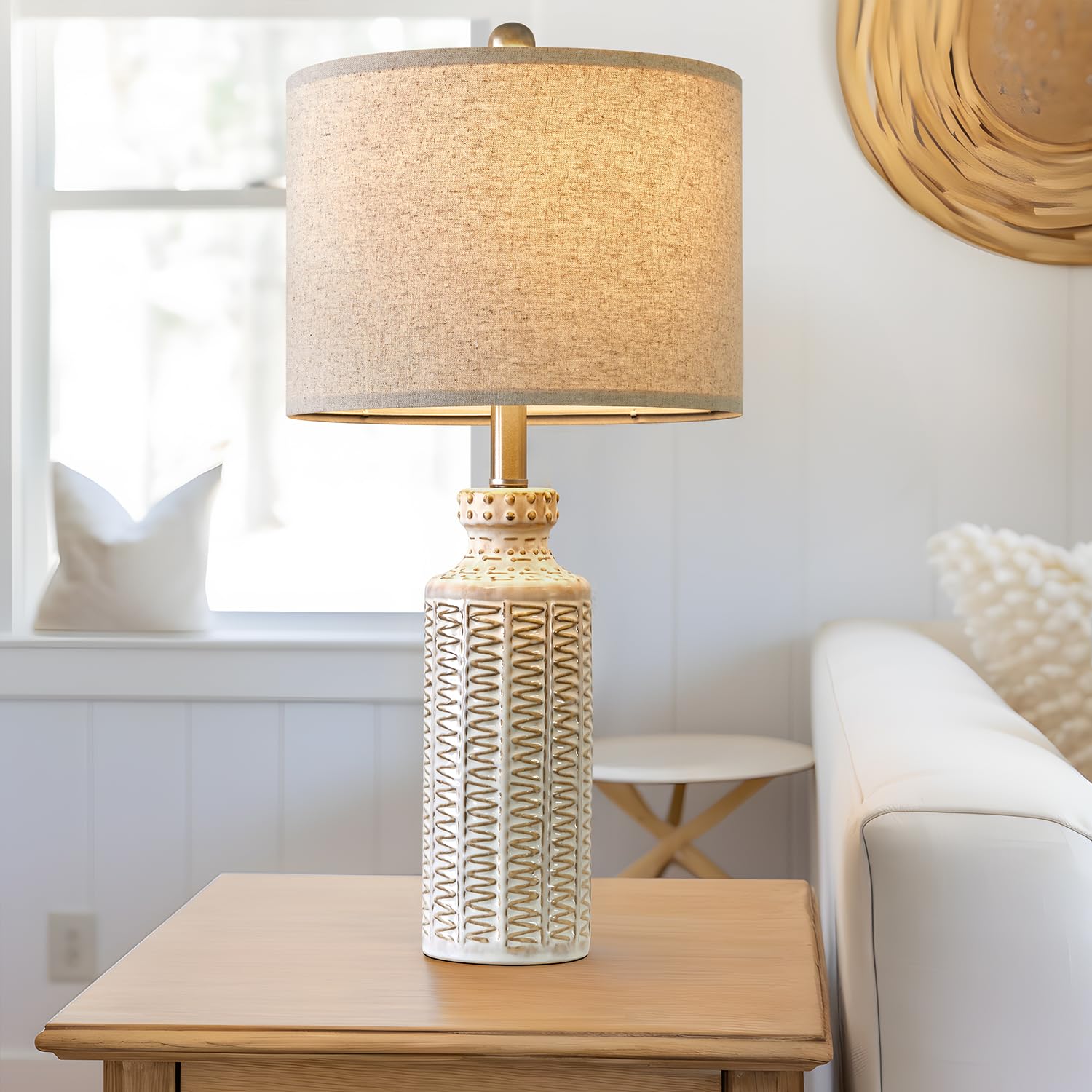 USumkky 24.75" Ceramic Table Lamp Set of 2 - Vintage White Bedside Lamps for Bedroom Living Room, Model YM-AMZ-T1088CR