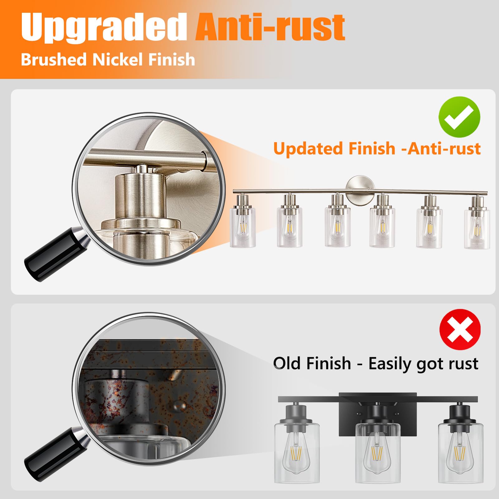 DINGLILIGHTING 6-Light Bathroom Light Fixtures, Brushed Nickel, Metal, Clear Glass Shade, Modern Vanity Lights for Mirror, Kitchen, Living Room