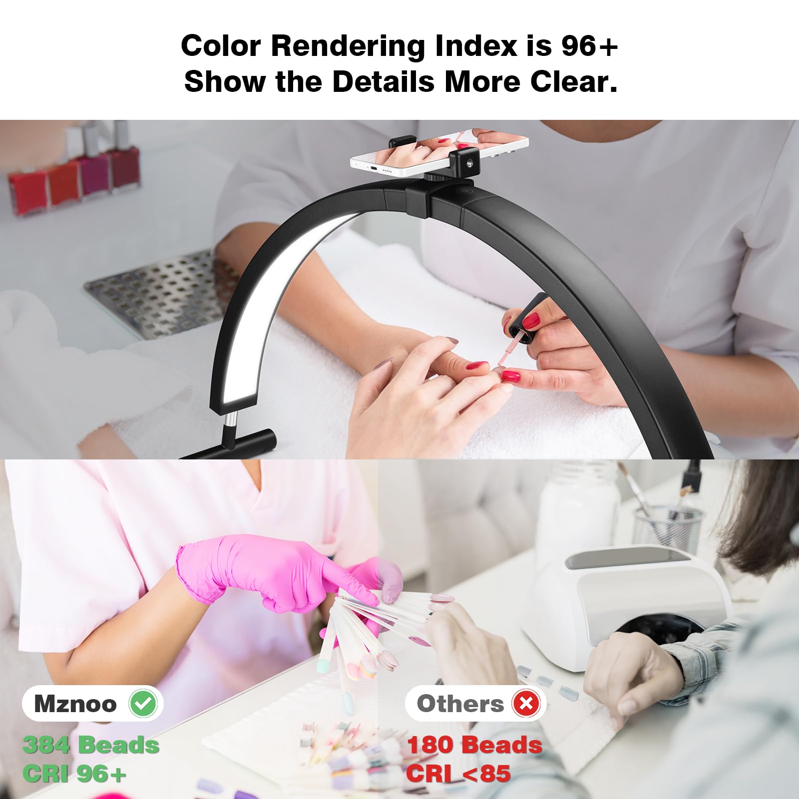 Mznoo Half Moon Nail Desk Light, 45W Dimmable, 30in, Black, Phone Holder, 3200K-6500K, Model MZ-DL30