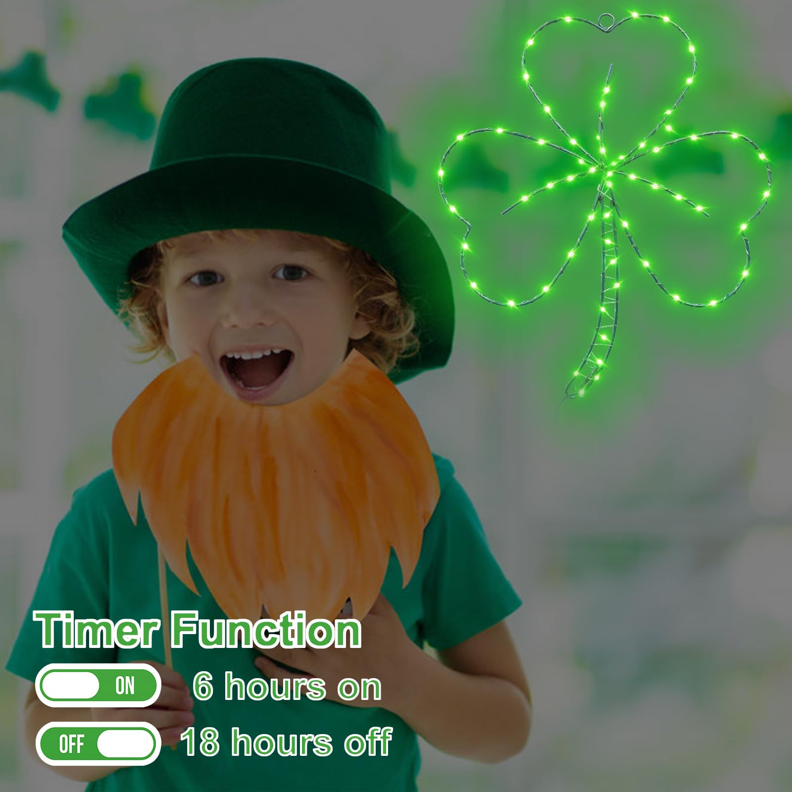 St Patricks Day Decorations Accessories,Irish Shamrock LED Window Lights,13.2IN 58LED Green Iron Frame Silhouette Lights, USB Po