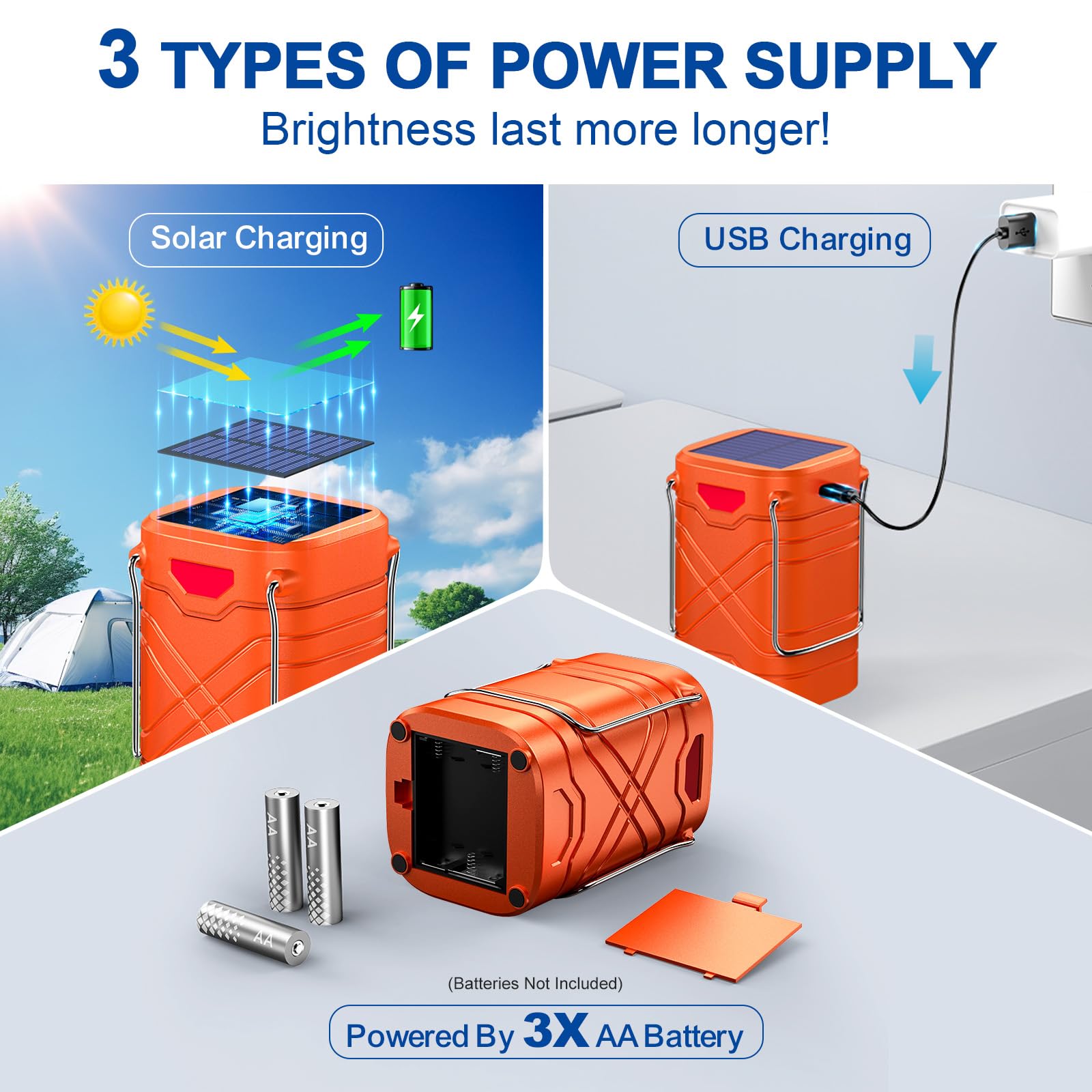 LETMY Camping Lanterns 4 Pack, Rechargeable LED, Solar Battery Powered, Safety Orange, ABS, Model: electric-camping-lanterns