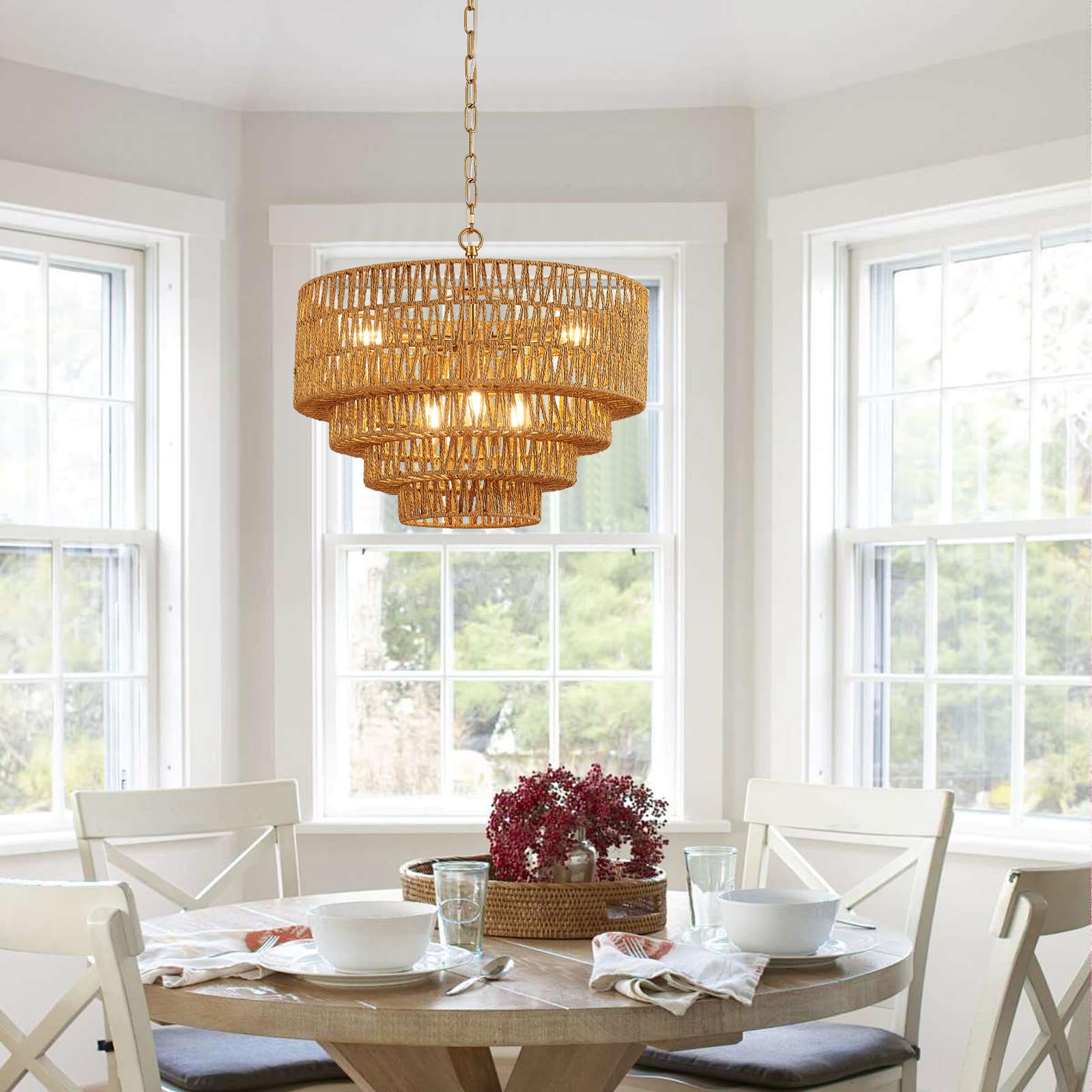 YOMECOO Boho Rattan Chandelier 6-Light Vintage Light Fixture 19.7" Gold MD208-6-V-Golden for Dining Room, Kitchen, Bedroom