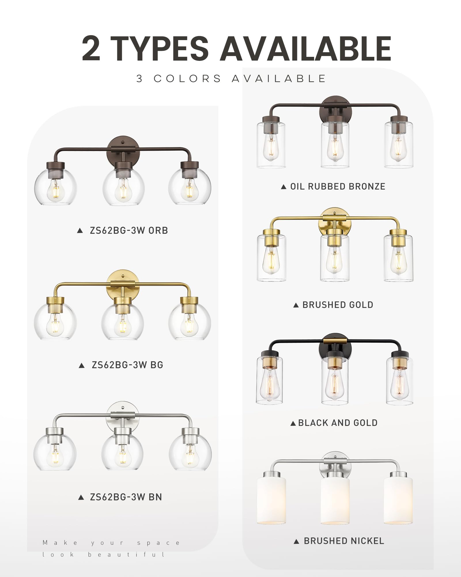 Zeyu 23 Inch Bathroom Wall Light Fixtures  3-Light Vanity Lighting Fixture  Brushed Nickel Finish With Clear Glass Globe Shade  Zs62Bg-3W Bn