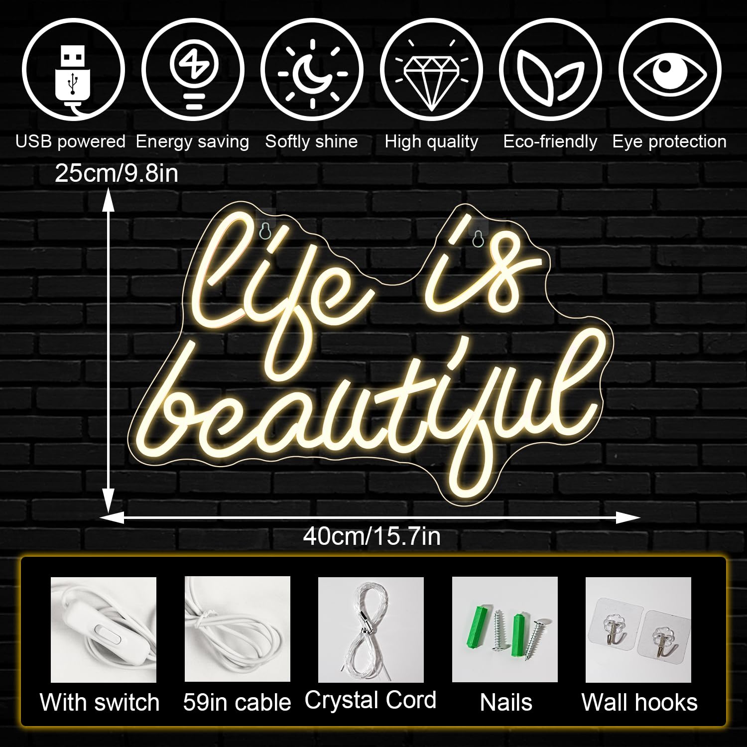 Horseneon Neon Sign - Life is Beautiful Wall Decor, USB Powered, Acrylic, Warm White