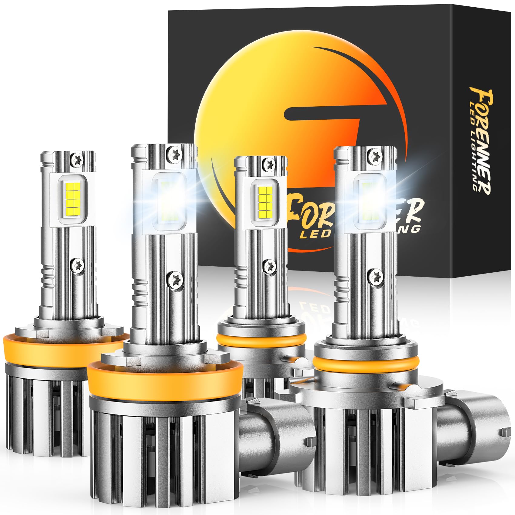 forenner H11 9005 Light Bulb Combo, 60000LM, Easy Installation, IP68 Waterproof, Pack of 4, H11/H9+9005/HB3,