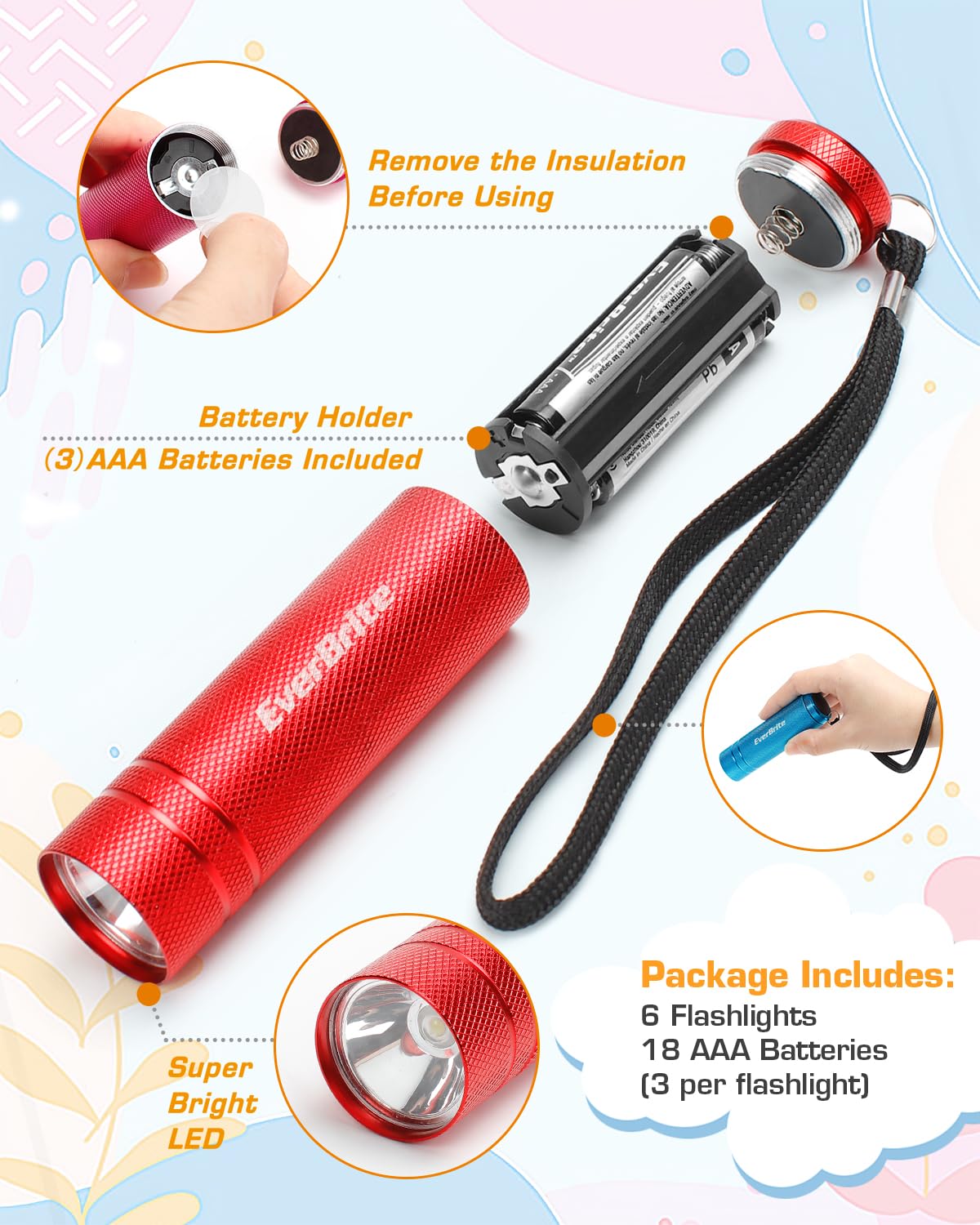 3 pack rechargeable flashlight with stand EverBrite 6-Pack Mini LED Flashlight Set, Aluminum LED Handheld Torches with Lanyard, 18AAA Batteries Included, for Kids Gift, Aluminum