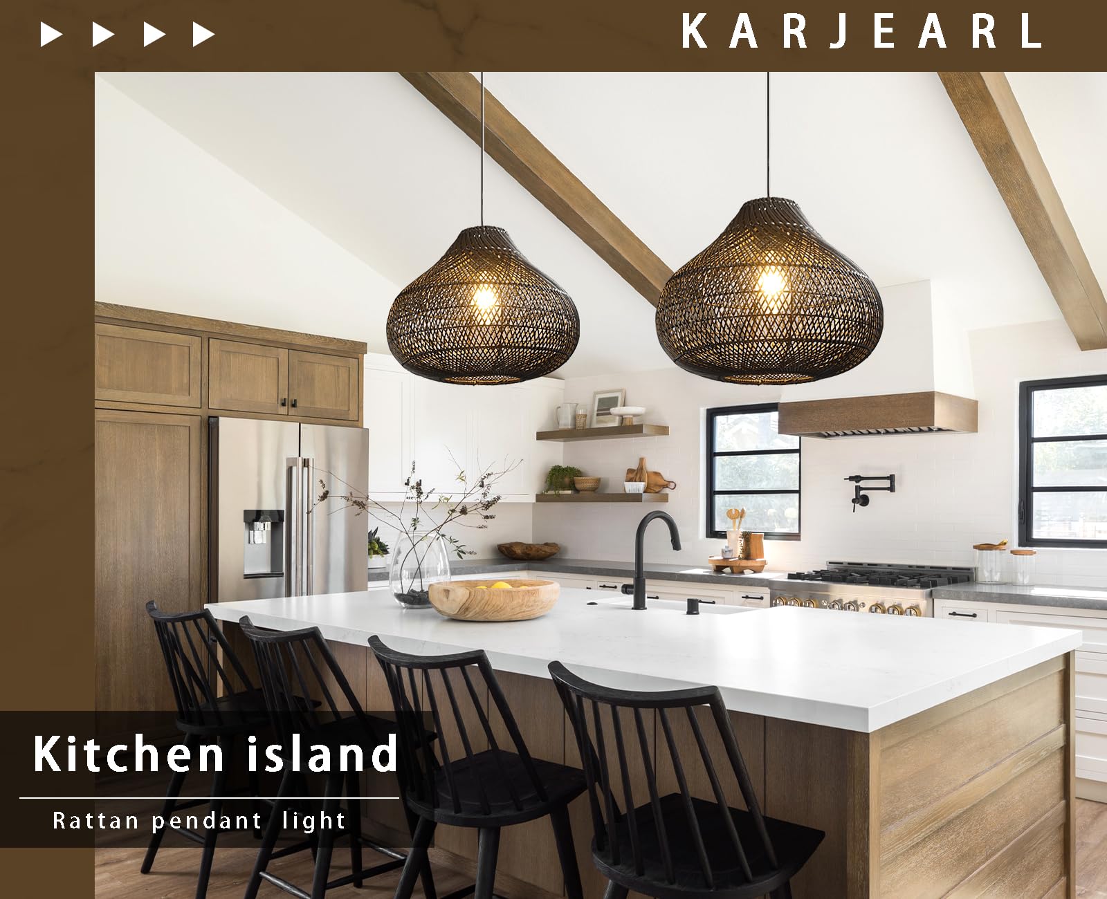 Karjear Black Rattan Chandelier, 16.5&quot; Hand-Woven Pendant Light For Dining Room & Kitchen