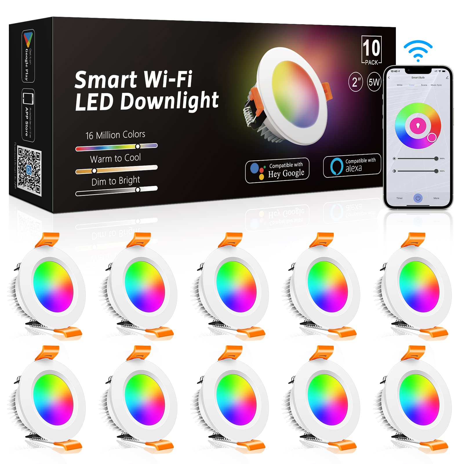 inShareplus 10 Pack 2 Inch Smart Recessed Lighting, WiFi LED Downlight 5W 120V, Dimmable RGBCW 2700-6500K Color Changing, Compat