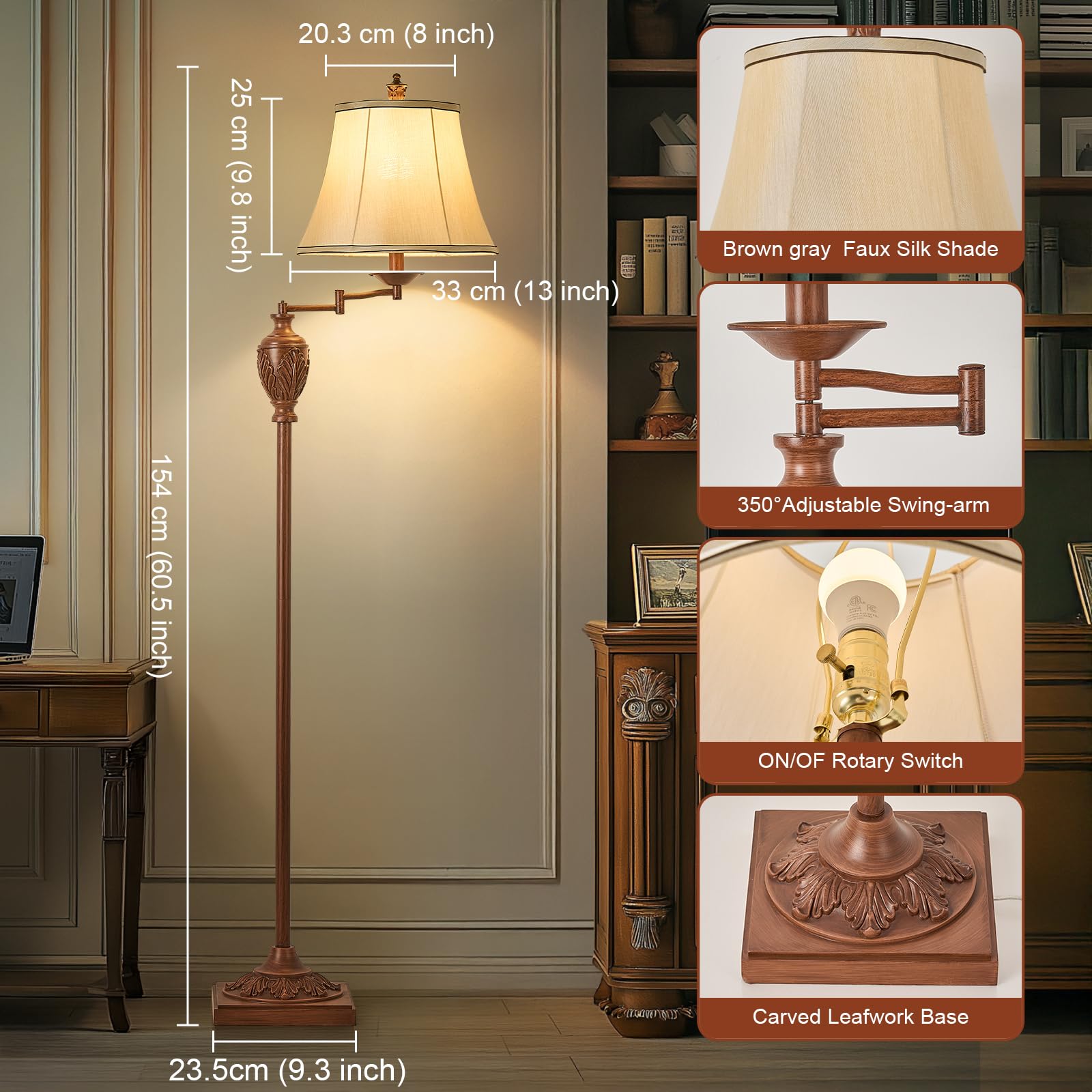 AIDENOEY Traditional LED Floor Lamp – 350° Adjustable Swing Arm – Walnut – Model HYFLOOR008 – Vintage Design for Living Room & Office