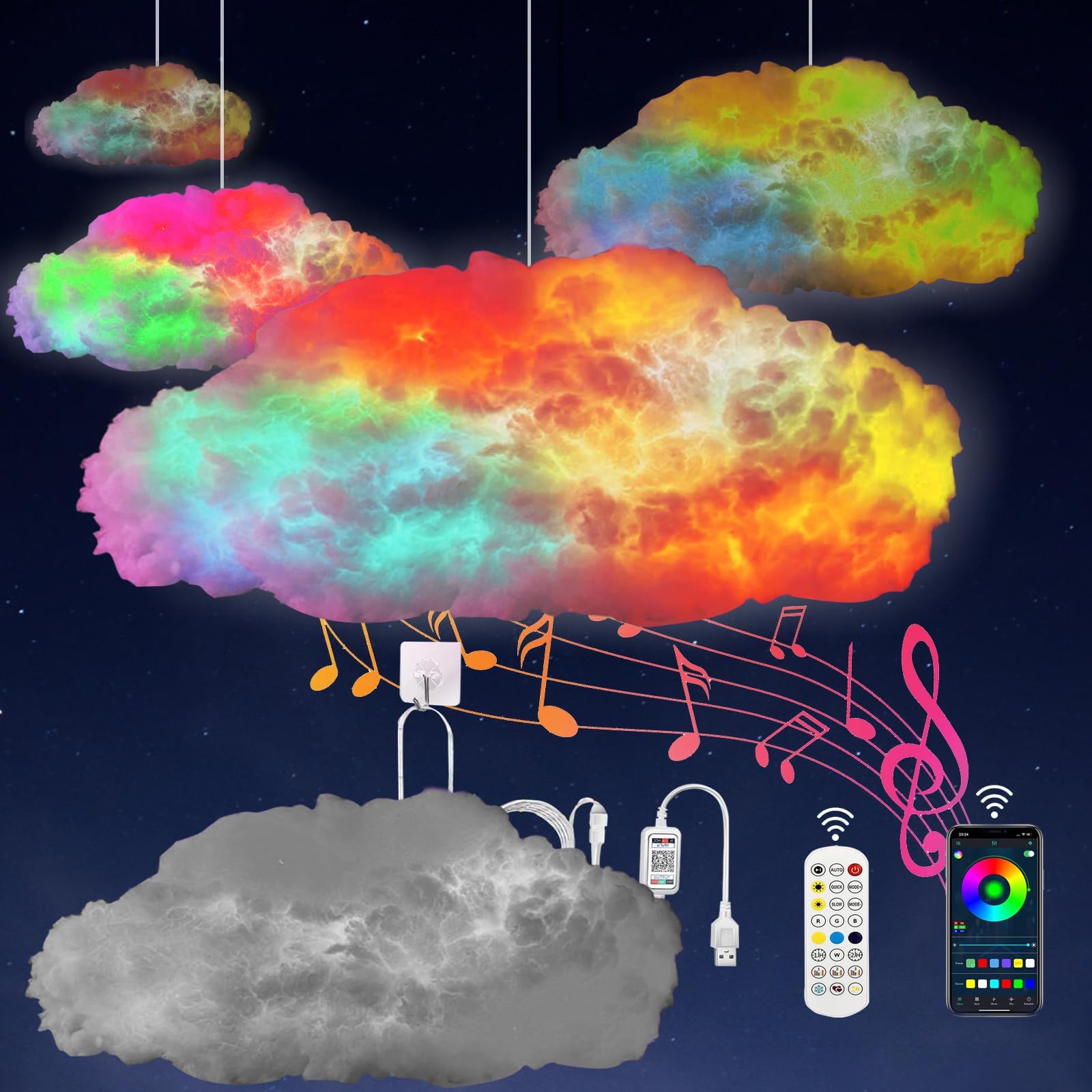 TOHUNZO Cloud Led Lights for Bedroom, Multicolor Creative Night Lighting Kit Music Sync with APP, Coolest Ceiling Decoration for