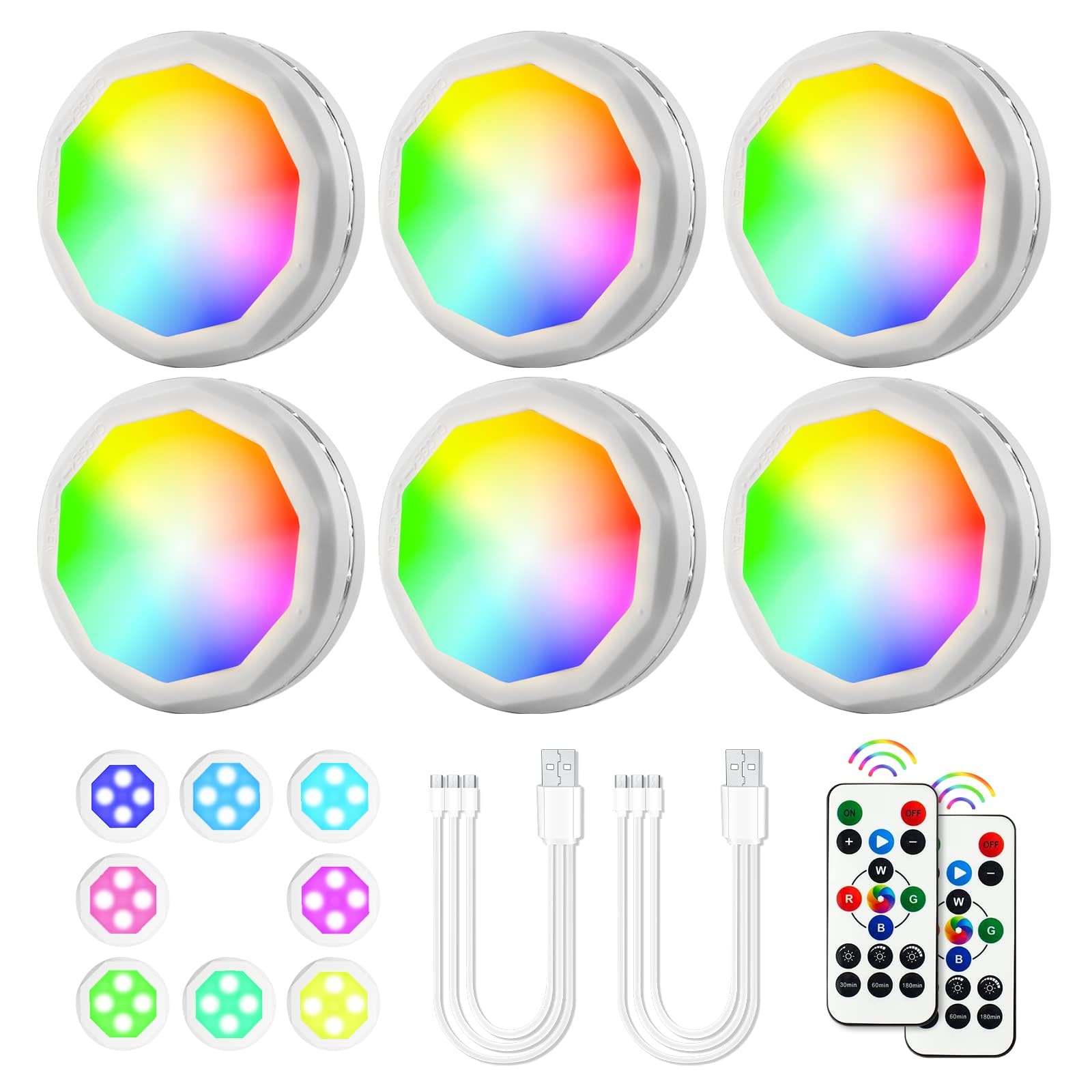 Under-Cabinet-Lights Rechargeable Puck Lights 6 Pack Led Closet Lights With Remote 16 Colors Usb Charging Battery Operated Night