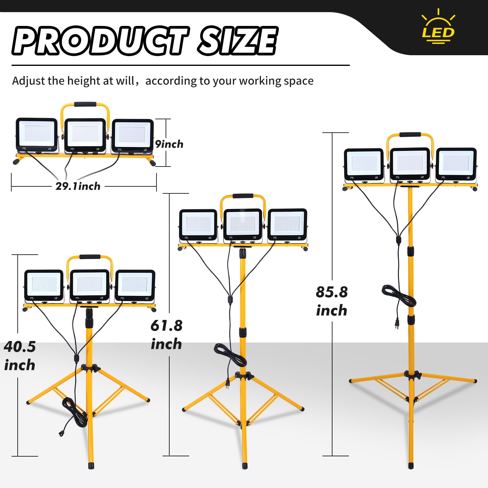 86 Inch 22500 Lumen Work Lights With Stand, 3 Adjustable Head Led Work Light, With Adjustable And Foldable Tripod Stand, Waterpr