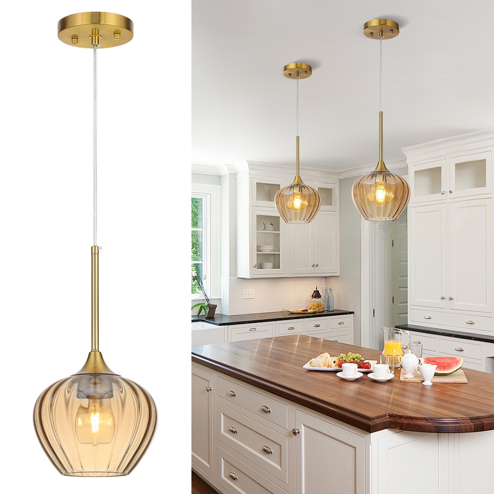 QianZhan 7 Inch Amber Glass Pendant Lights Kitchen Island  Modern Adjustable Pendant Light Fixtures Vintage Gold Ceiling Hanging Lamp for Dining Room Bathroom Bedroom