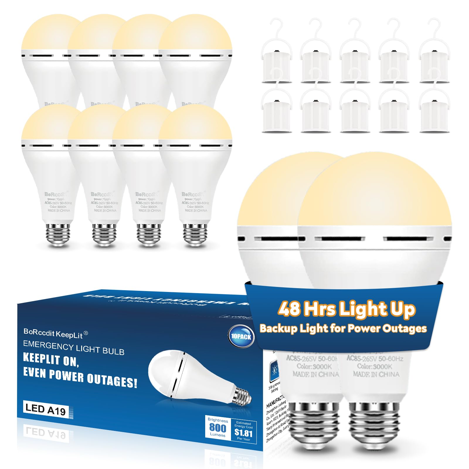 Borccdit Keeplit 10 Pack Emergency Rechargeable Light Bulbs, 48H Long Lasting & 3 Brightness Power Outage Light Bulbs,12W 3000K 