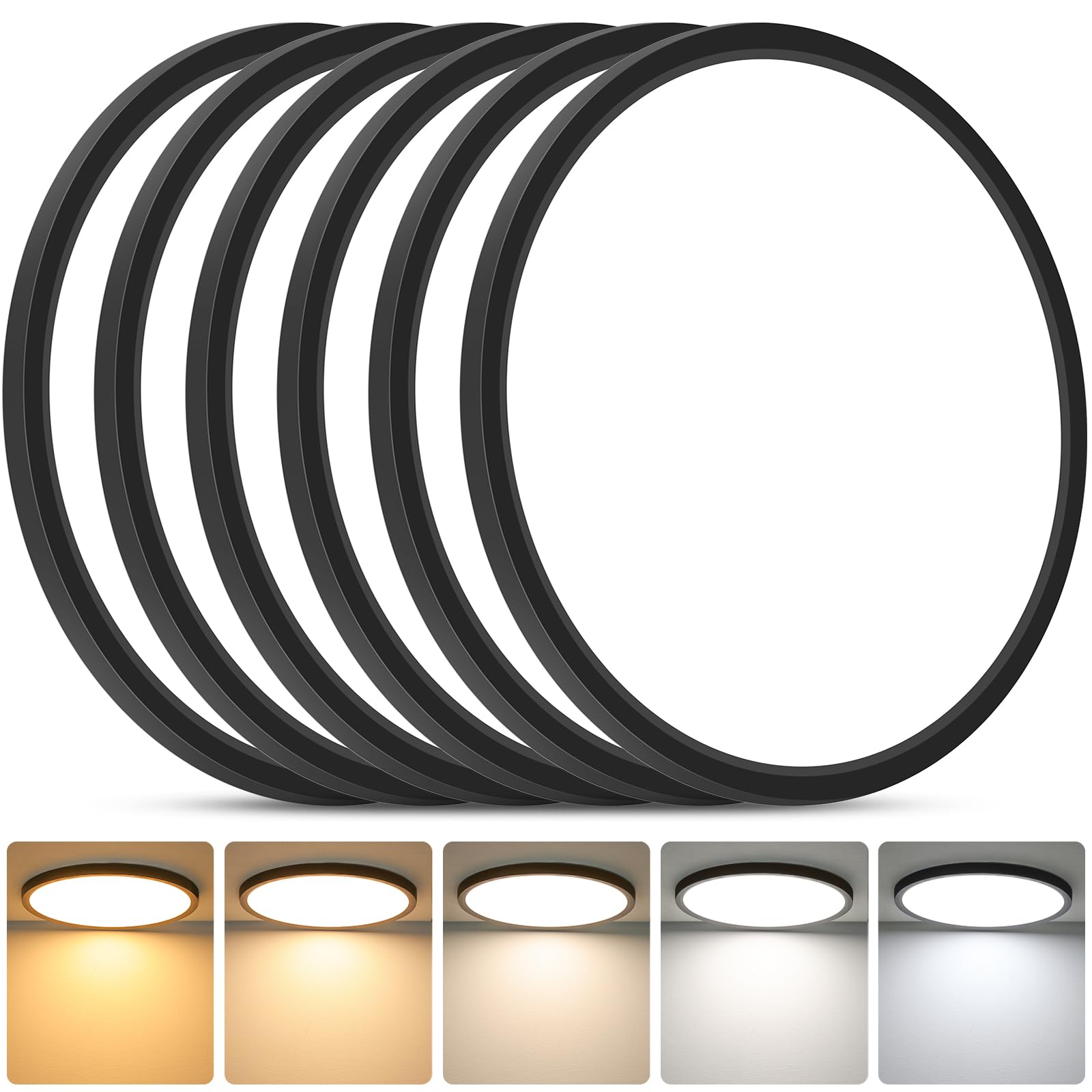 Brightever LED Ceiling Light Flush Mount, 12 Inch, 24W 3200LM, Dimmable, 5 Color Selectable, 6 Pack, Black, Model XD300